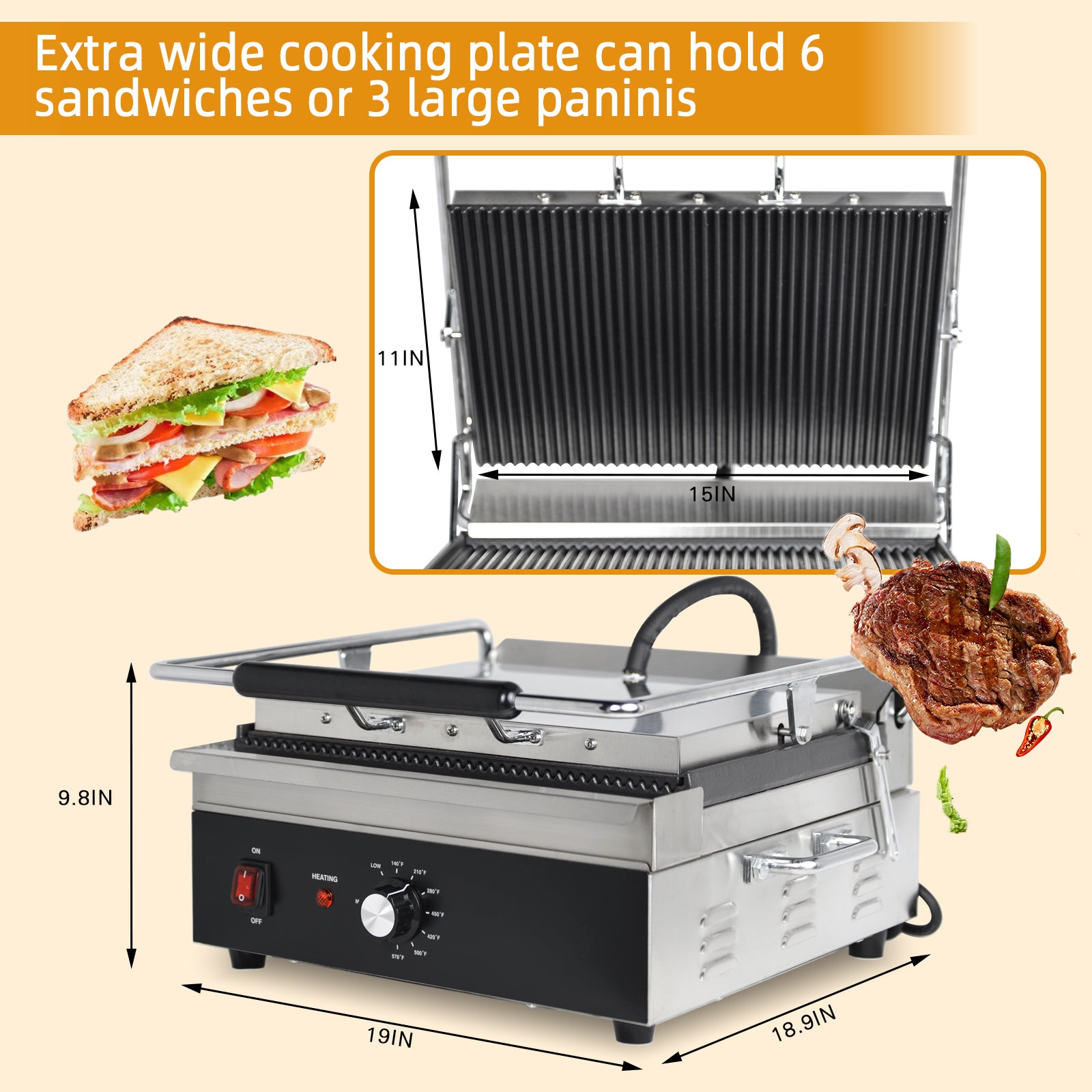 EasyRose 15" Wide Ribbed Cast Iron Panini Grill Plate, 1800W Power, EGO Thermostat, 0-300°C Temperature Range - Image 2