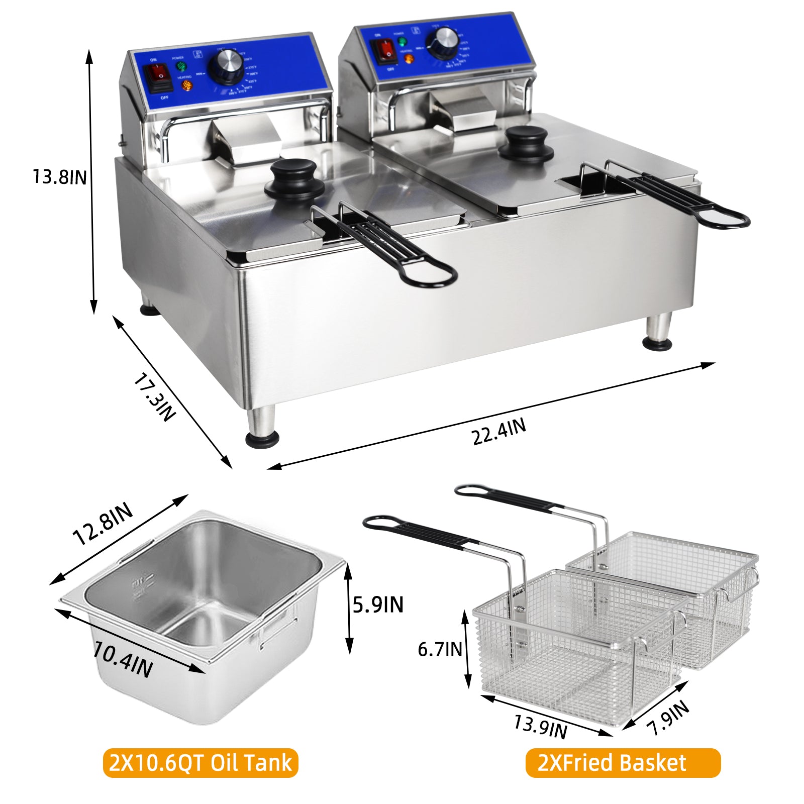 EasyRose 20L Commercial Dual Deep Fryer with 2 Baskets, 3600W Electric Countertop Fryer, 304 Stainless Steel, ETL Listed - Image 2