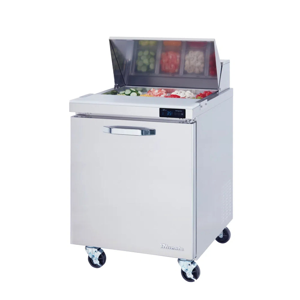 MorganGastro 1 Door All Stainless Prep. Table with (8) 1/6 Pans - 28" wide, 7 cu/ft., R-290 Refrigerant