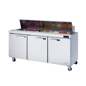 MorganGastro 3 Doors All Stainless Prep. Table with (18) 1/6 Pans - 72" wide, 20 cu/ft., R-290 Refrigerant