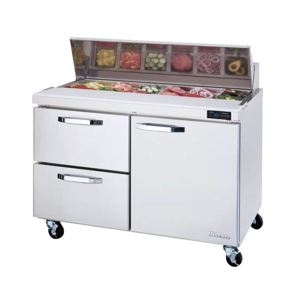 MorganGastro 2 Drawers 1 Door (R) All Stainless Prep. Table with (12) 1/6 Pans - 48" wide, 13 cu/ft., R-290 Refrigerant