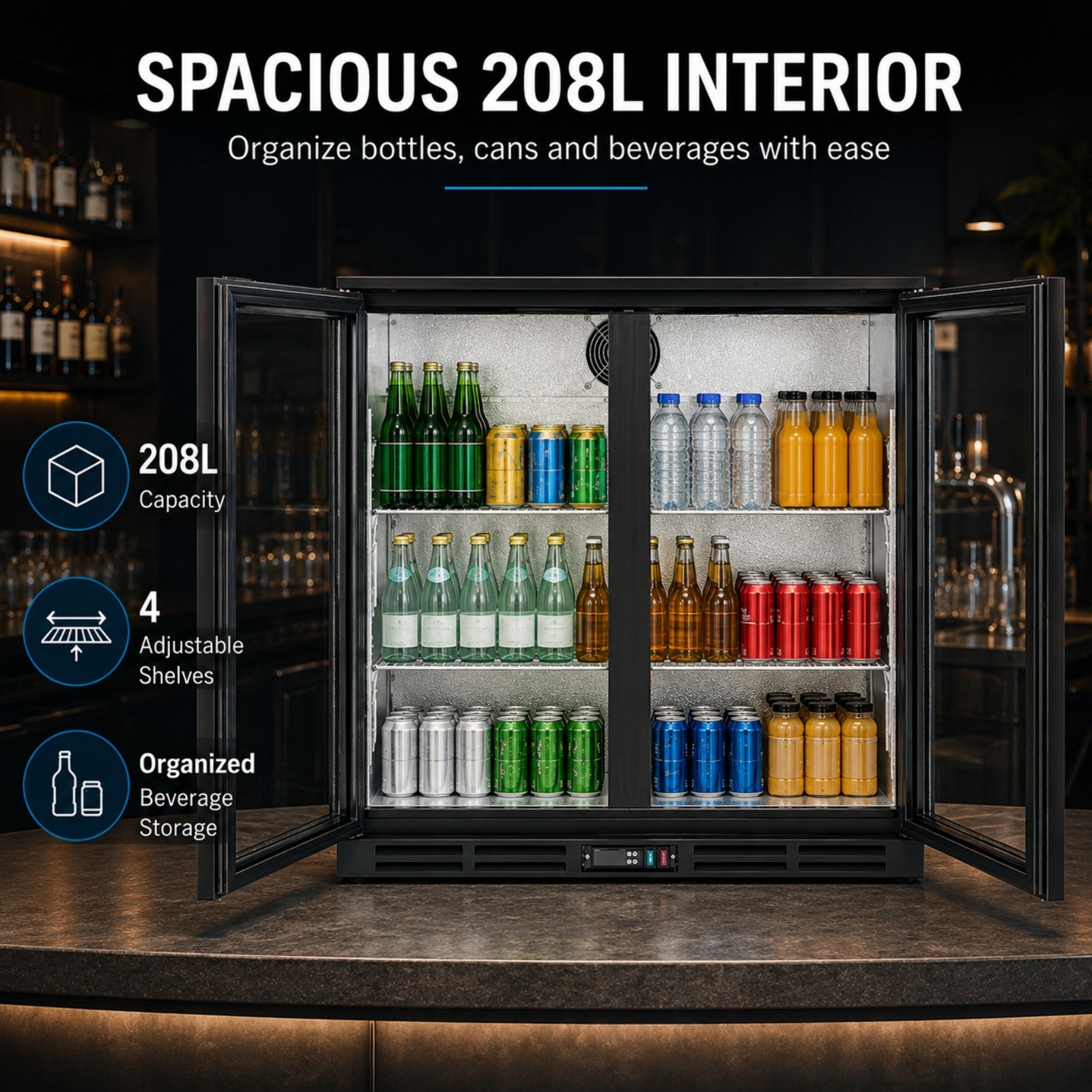 MorganGastro 208L Back Bar Cooler, 7.3 Cu. Ft. Commercial Double Glass Door Beverage Refrigerator with 4 Adjustable Shelves, Digital Temperature Control, LED Light & Lock - Image 3