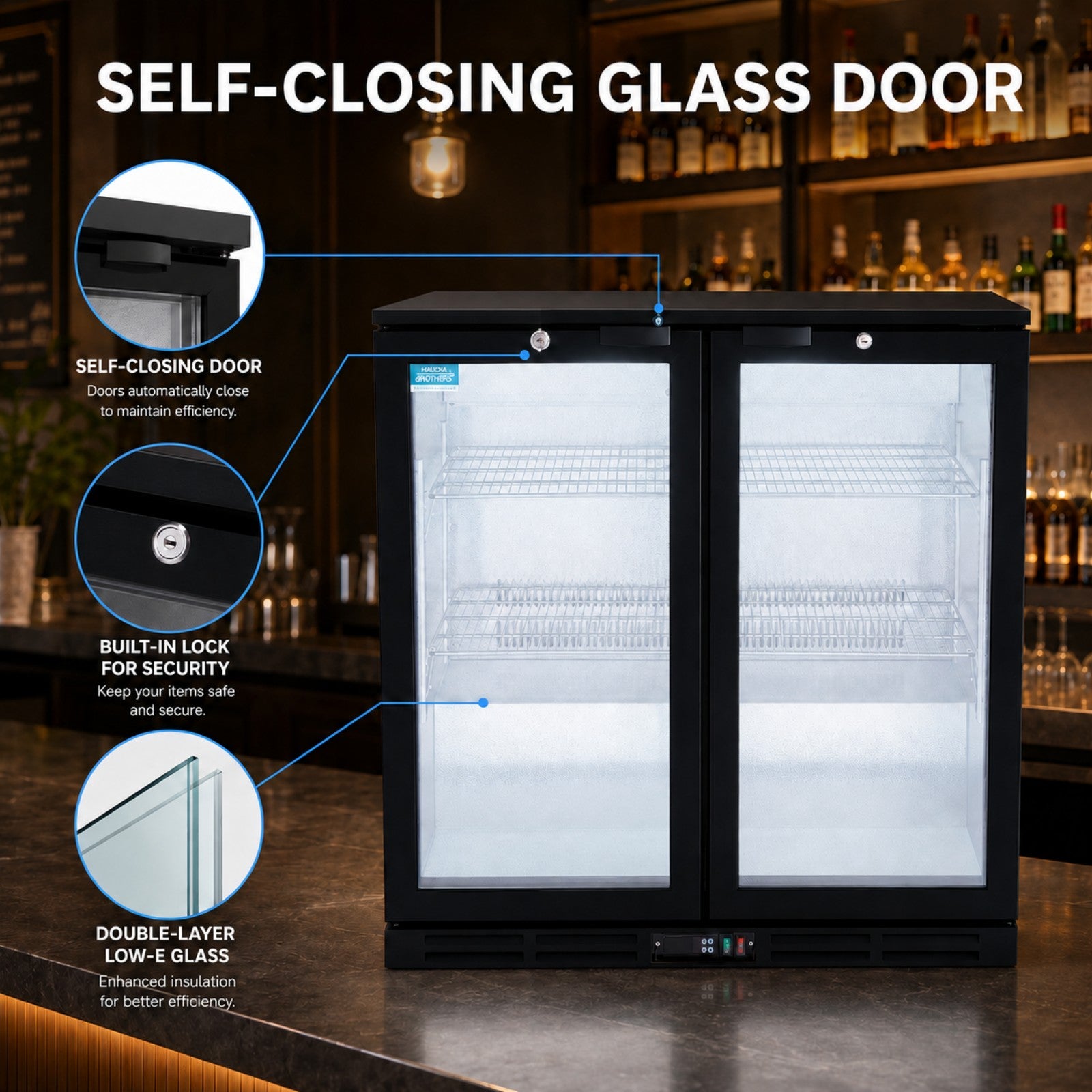 MorganGastro 208L Back Bar Cooler, 7.3 Cu. Ft. Commercial Double Glass Door Beverage Refrigerator with 4 Adjustable Shelves, Digital Temperature Control, LED Light & Lock - Image 6
