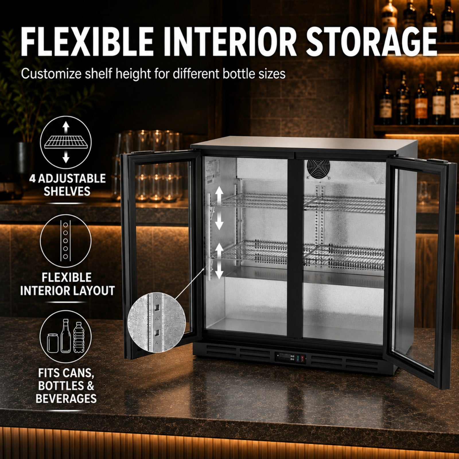 MorganGastro 208L Back Bar Cooler, 7.3 Cu. Ft. Commercial Double Glass Door Beverage Refrigerator with 4 Adjustable Shelves, Digital Temperature Control, LED Light & Lock - Image 5