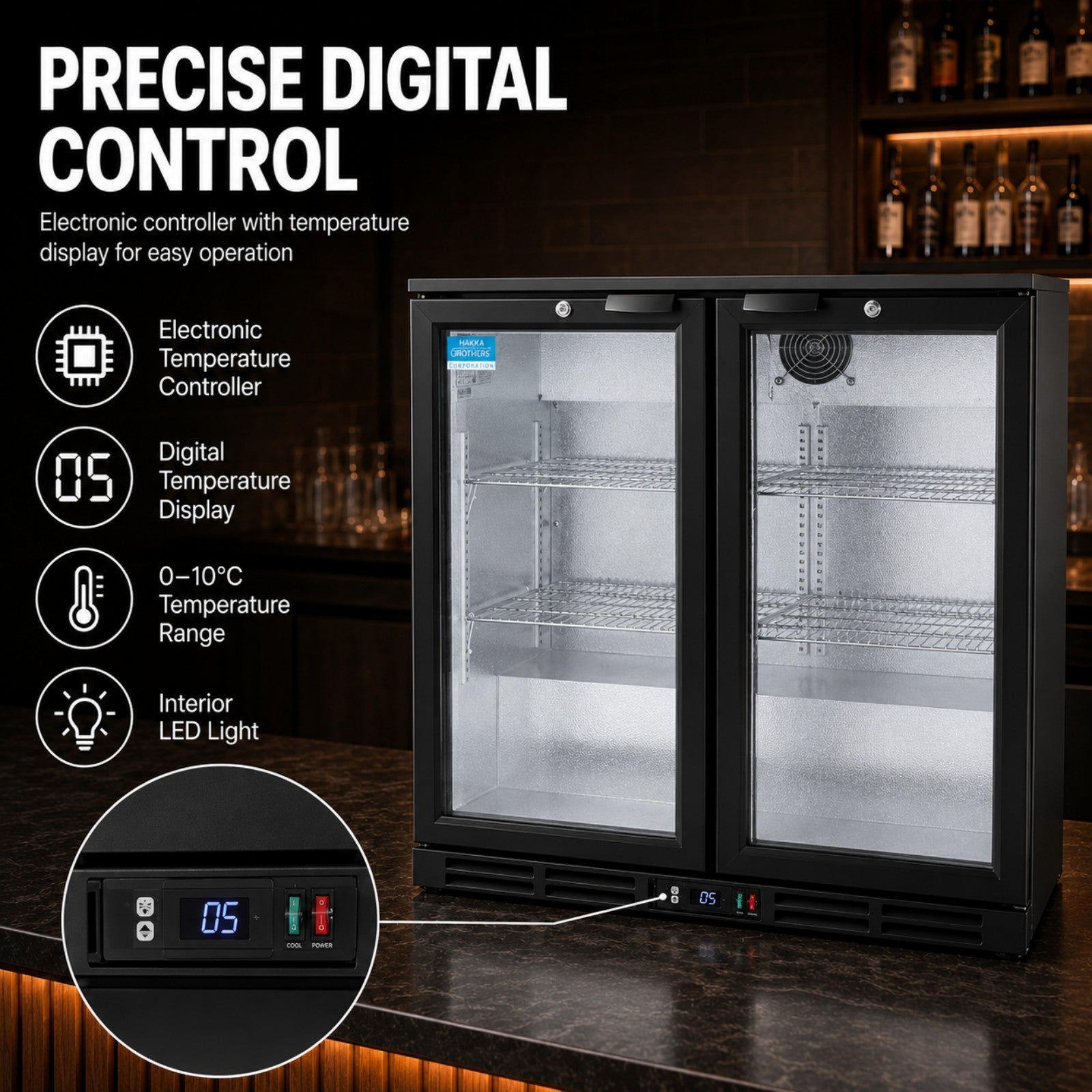 MorganGastro 208L Back Bar Cooler, 7.3 Cu. Ft. Commercial Double Glass Door Beverage Refrigerator with 4 Adjustable Shelves, Digital Temperature Control, LED Light & Lock - Image 7