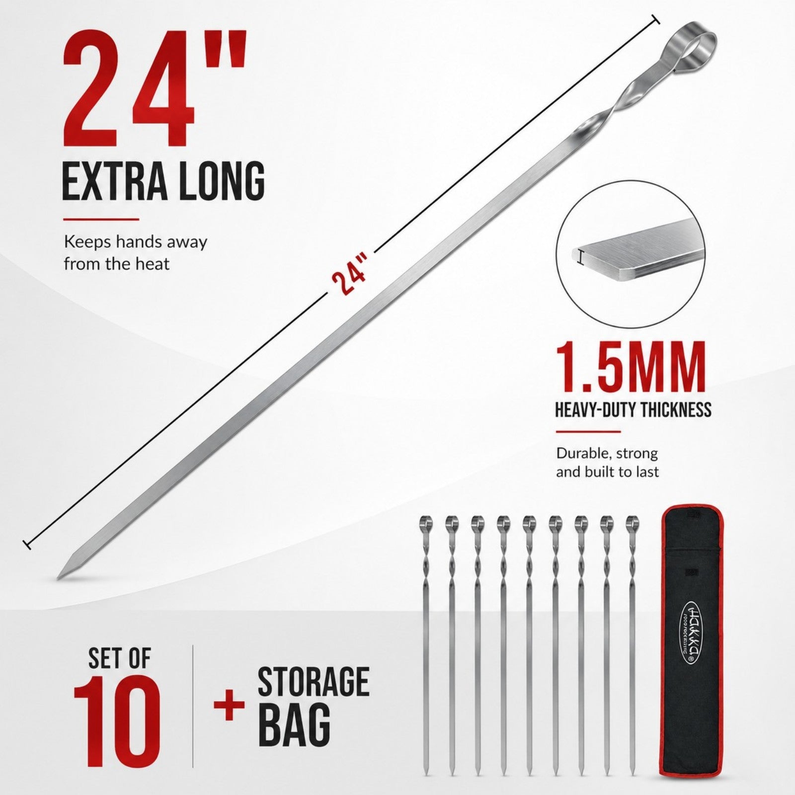 MorganGastro Stainless Steel Barbecue Skewers, 24" Heavy Duty Metal Shish Kabob Skewers for Grilling Reusable Kabob Sticks with NonSlip Ring Handle,Set of 10 - Image 2