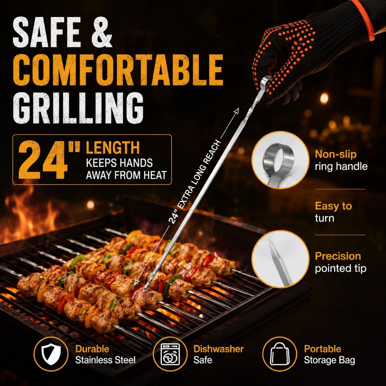 MorganGastro Stainless Steel Barbecue Skewers, 24" Heavy Duty Metal Shish Kabob Skewers for Grilling Reusable Kabob Sticks with NonSlip Ring Handle,Set of 10 - Image 4