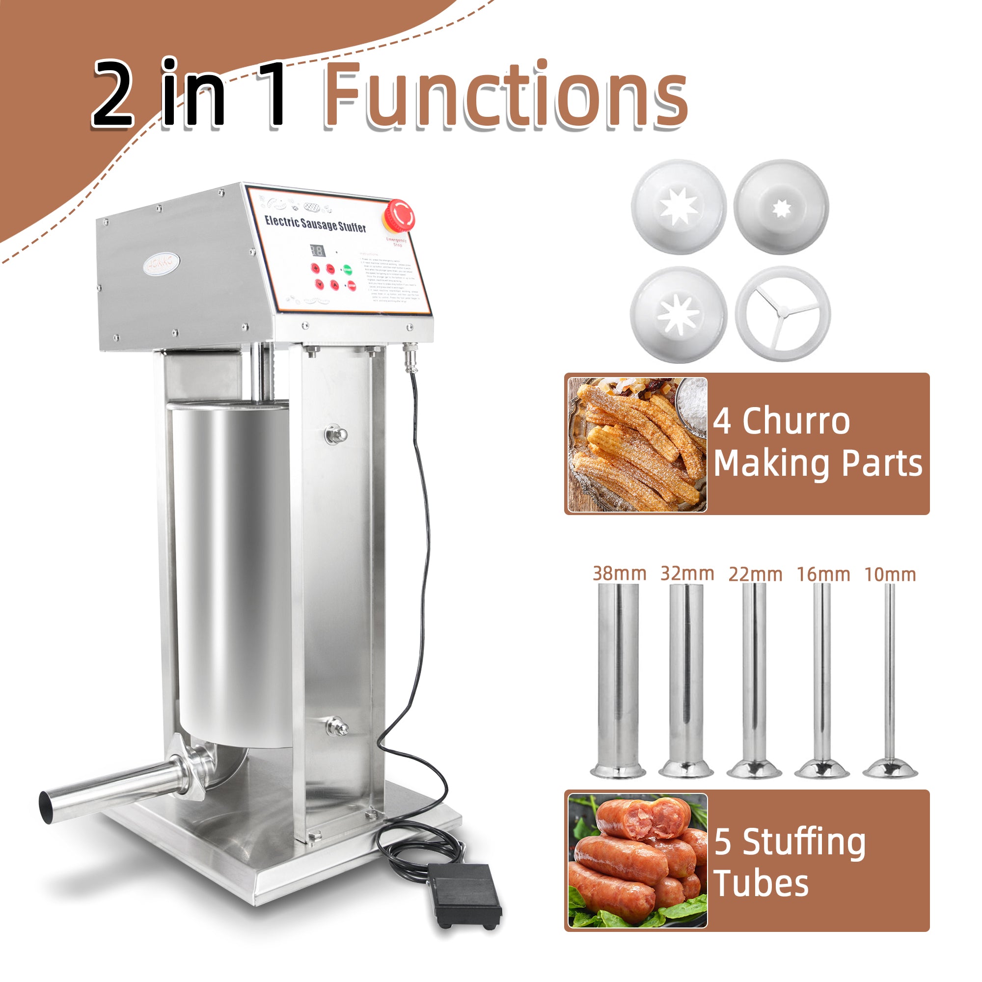MorganGastro 12L/25 lb Electric Sausage Stuffer, Stainless Steel Vertical Sausage Maker with Foot Pedal and 5 Stuffing Tubes - Image 6