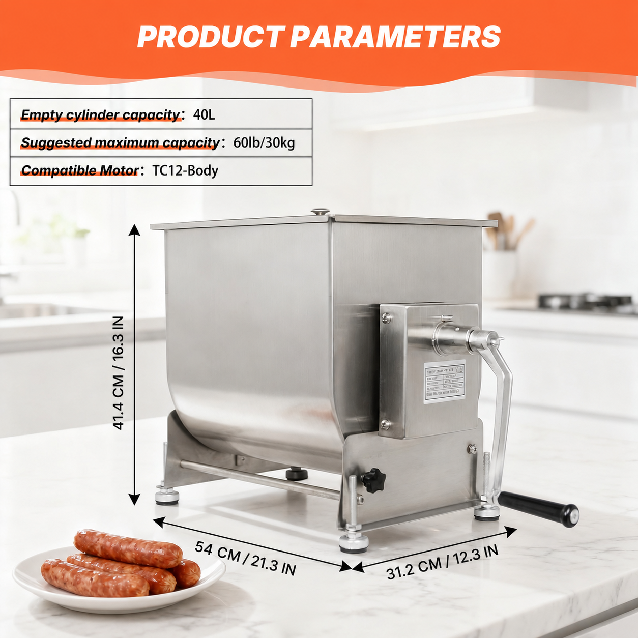 MorganGastro 30L/60lb Manual Meat Mixer, Tilting Stainless Steel Tank Sausage Mixer - Image 2