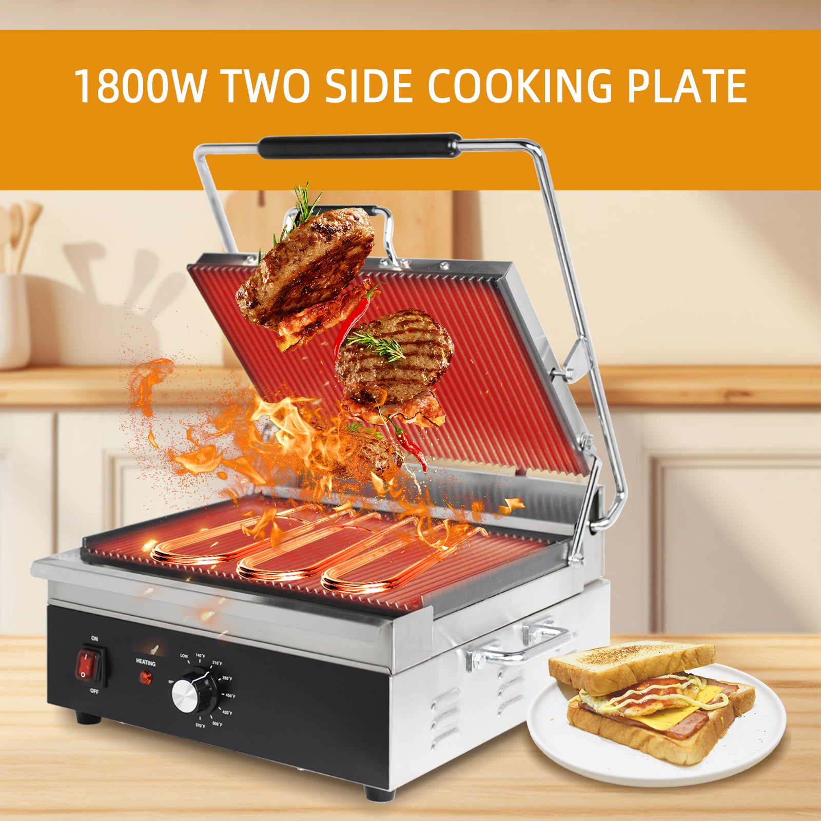 EasyRose 15" Wide Ribbed Cast Iron Panini Grill Plate, 1800W Power, EGO Thermostat, 0-300°C Temperature Range - Image 3