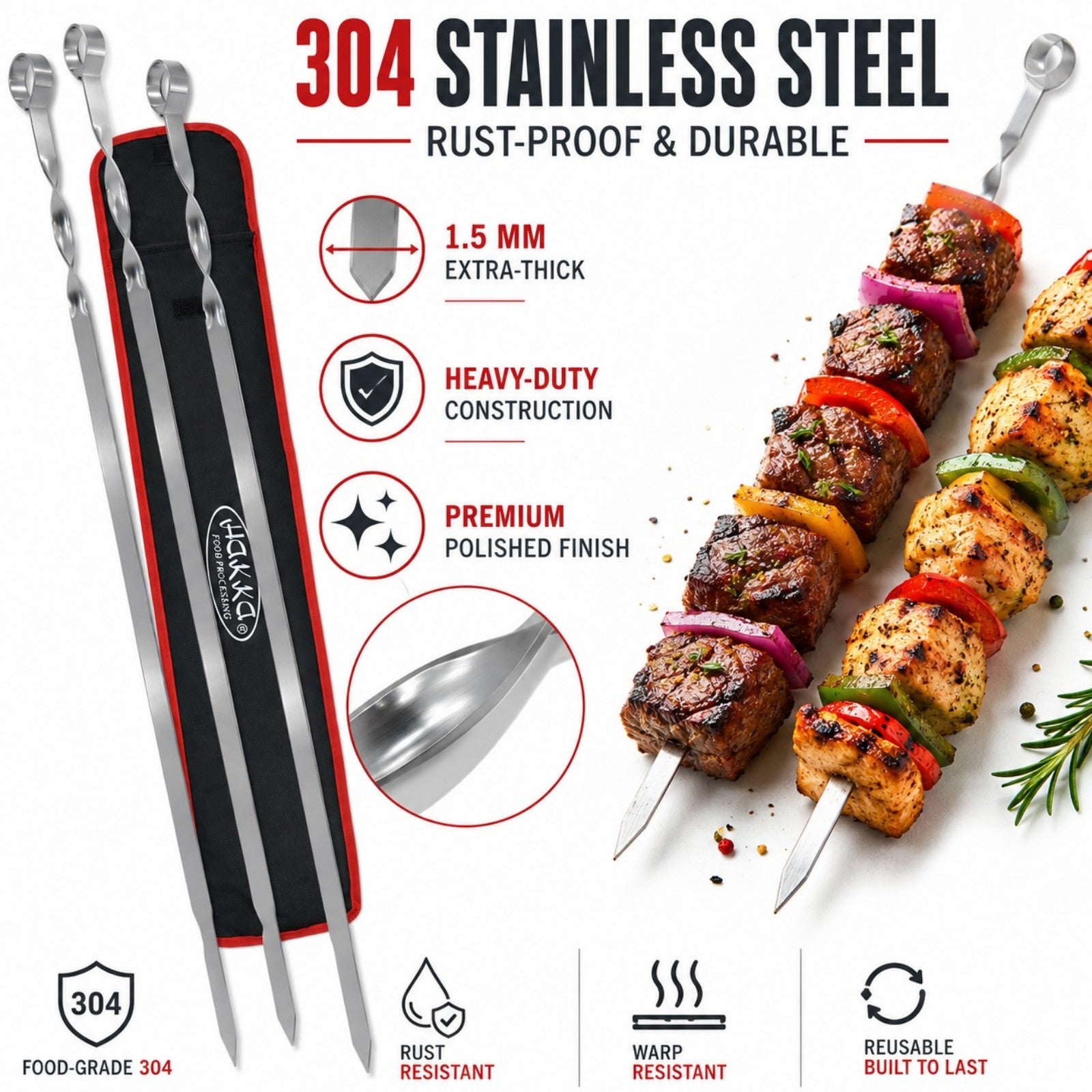 MorganGastro Stainless Steel Barbecue Skewers, 24" Heavy Duty Metal Shish Kabob Skewers for Grilling Reusable Kabob Sticks with NonSlip Ring Handle,Set of 10 - Image 3
