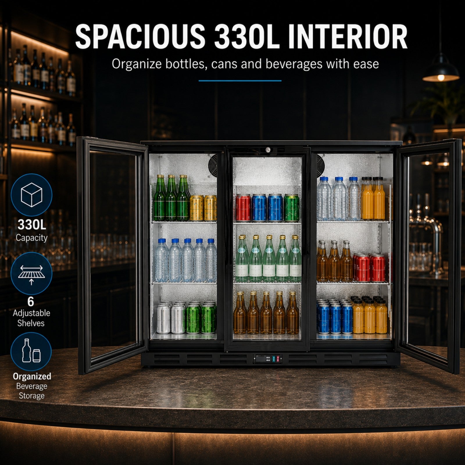 MorganGastro 330L Back Bar Cooler, 11.6 Cu. Ft. Commercial 3 Glass Door Beverage Refrigerator with 6 Adjustable Shelves, Digital Temperature Control, LED Light & Lock - Image 3