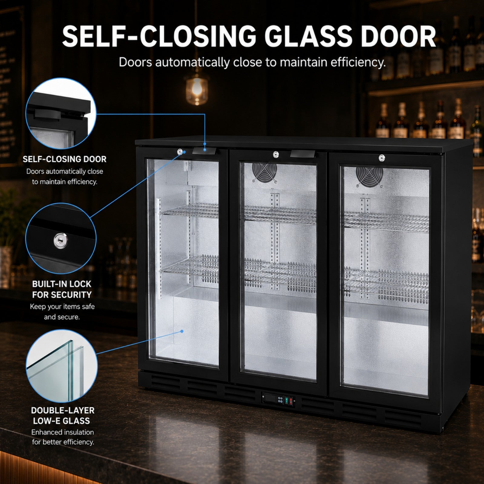 MorganGastro 330L Back Bar Cooler, 11.6 Cu. Ft. Commercial 3 Glass Door Beverage Refrigerator with 6 Adjustable Shelves, Digital Temperature Control, LED Light & Lock - Image 4