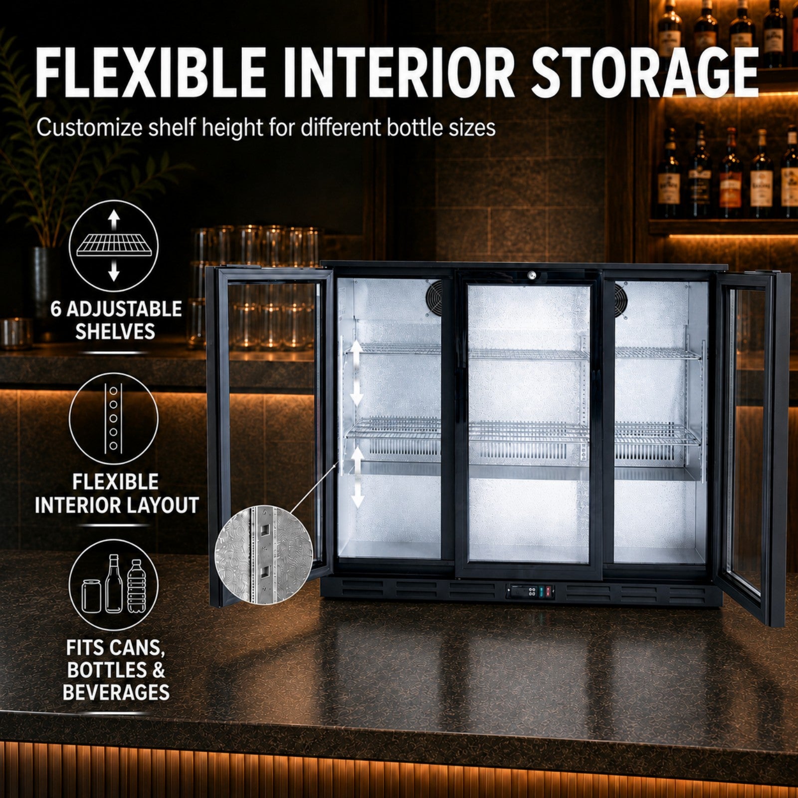 MorganGastro 330L Back Bar Cooler, 11.6 Cu. Ft. Commercial 3 Glass Door Beverage Refrigerator with 6 Adjustable Shelves, Digital Temperature Control, LED Light & Lock - Image 6