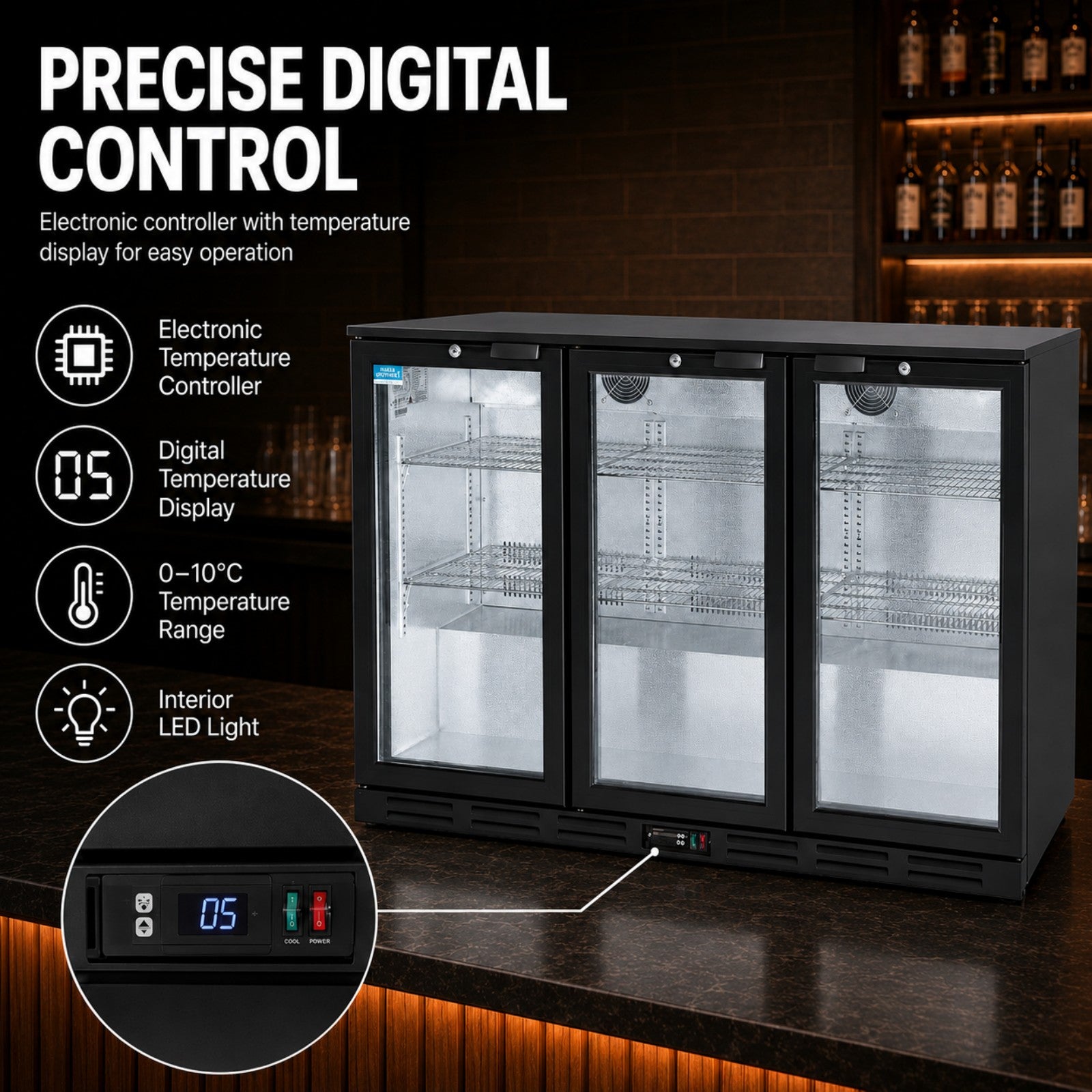 MorganGastro 330L Back Bar Cooler, 11.6 Cu. Ft. Commercial 3 Glass Door Beverage Refrigerator with 6 Adjustable Shelves, Digital Temperature Control, LED Light & Lock - Image 7