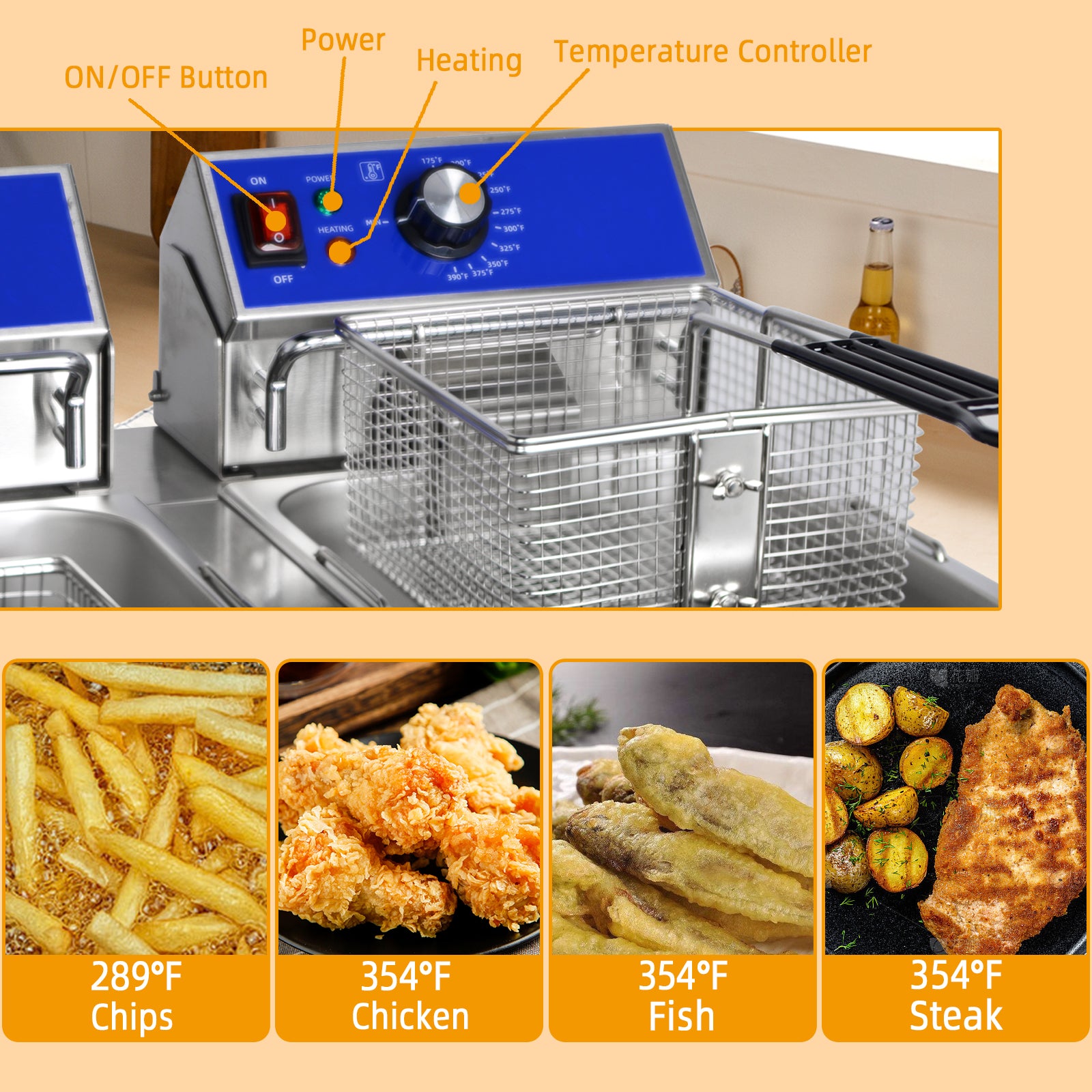 EasyRose 20L Commercial Dual Deep Fryer with 2 Baskets, 3600W Electric Countertop Fryer, 304 Stainless Steel, ETL Listed - Image 4