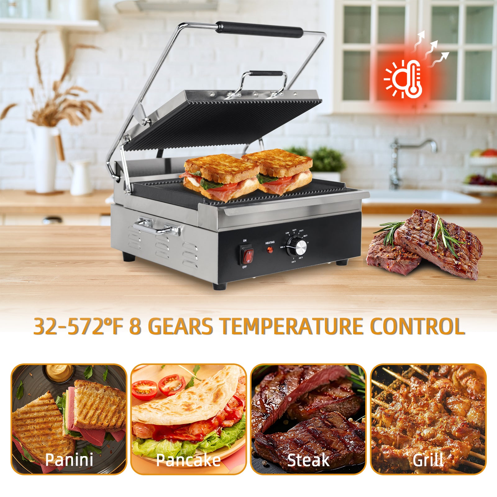 EasyRose 15" Wide Ribbed Cast Iron Panini Grill Plate, 1800W Power, EGO Thermostat, 0-300°C Temperature Range - Image 6