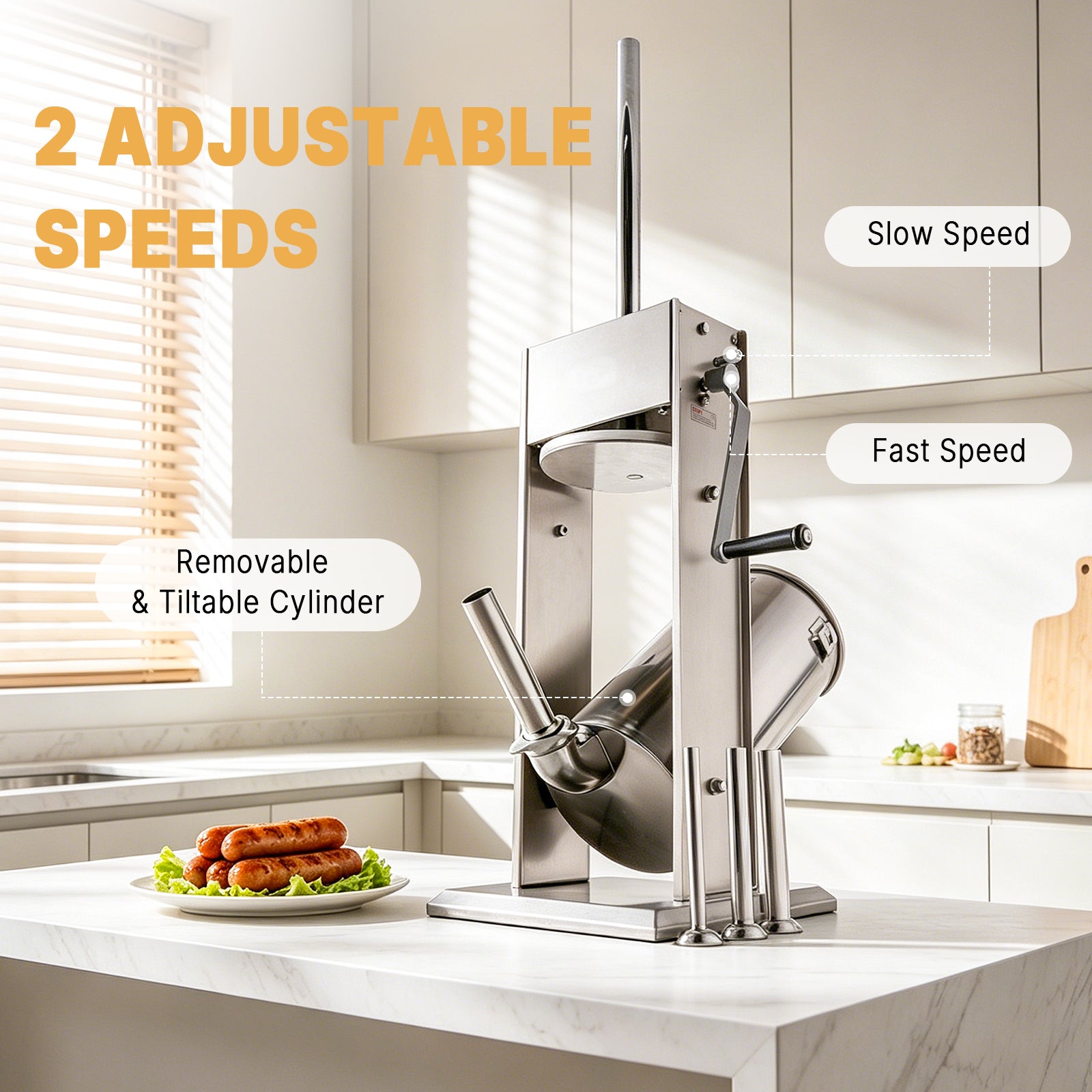 MorganGastro 12L/25lb Manual Sausage Stuffer, 2-Speed Stainless Steel Vertical Meat Filler with 4 Nozzles - Image 7