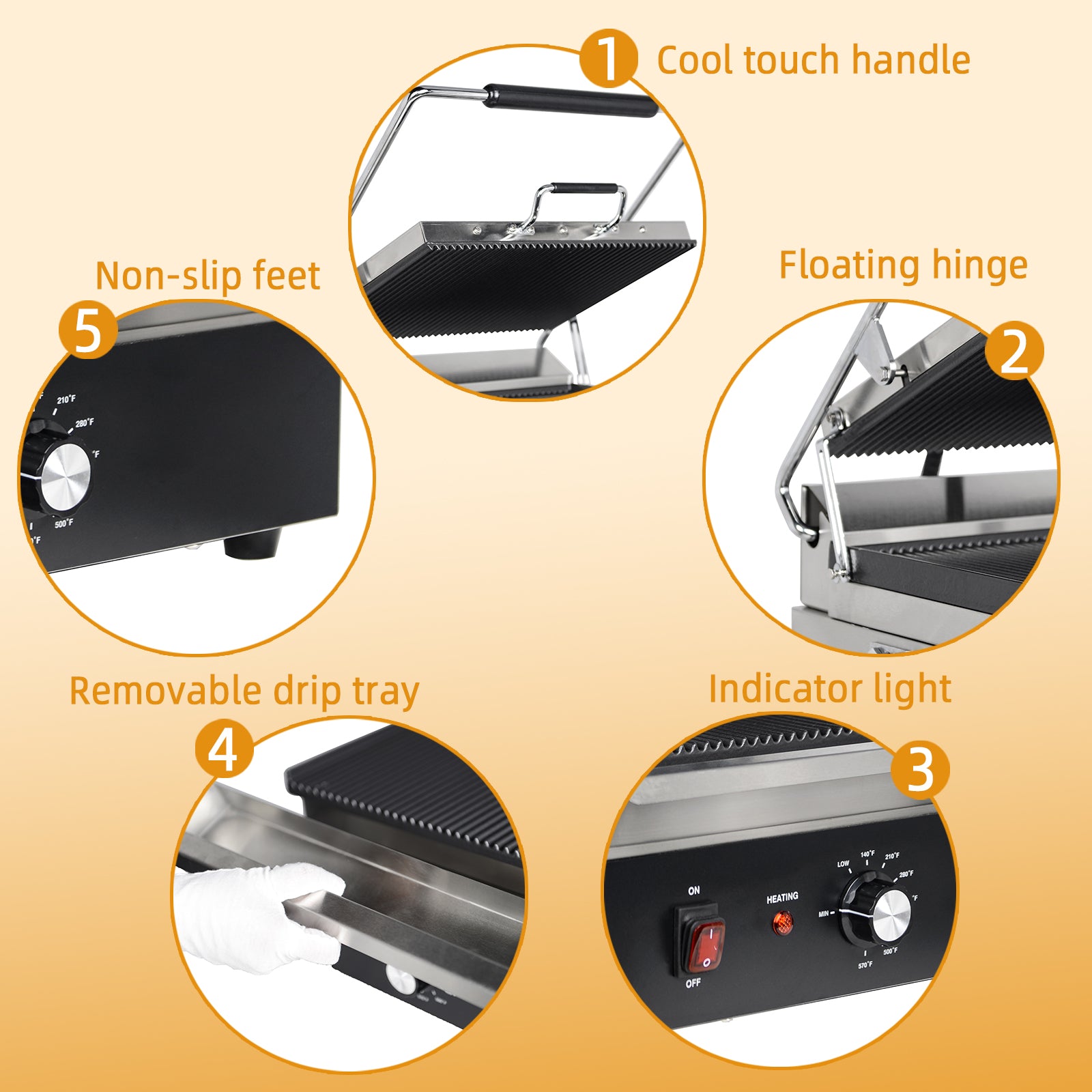 EasyRose 15" Wide Ribbed Cast Iron Panini Grill Plate, 1800W Power, EGO Thermostat, 0-300°C Temperature Range - Image 4