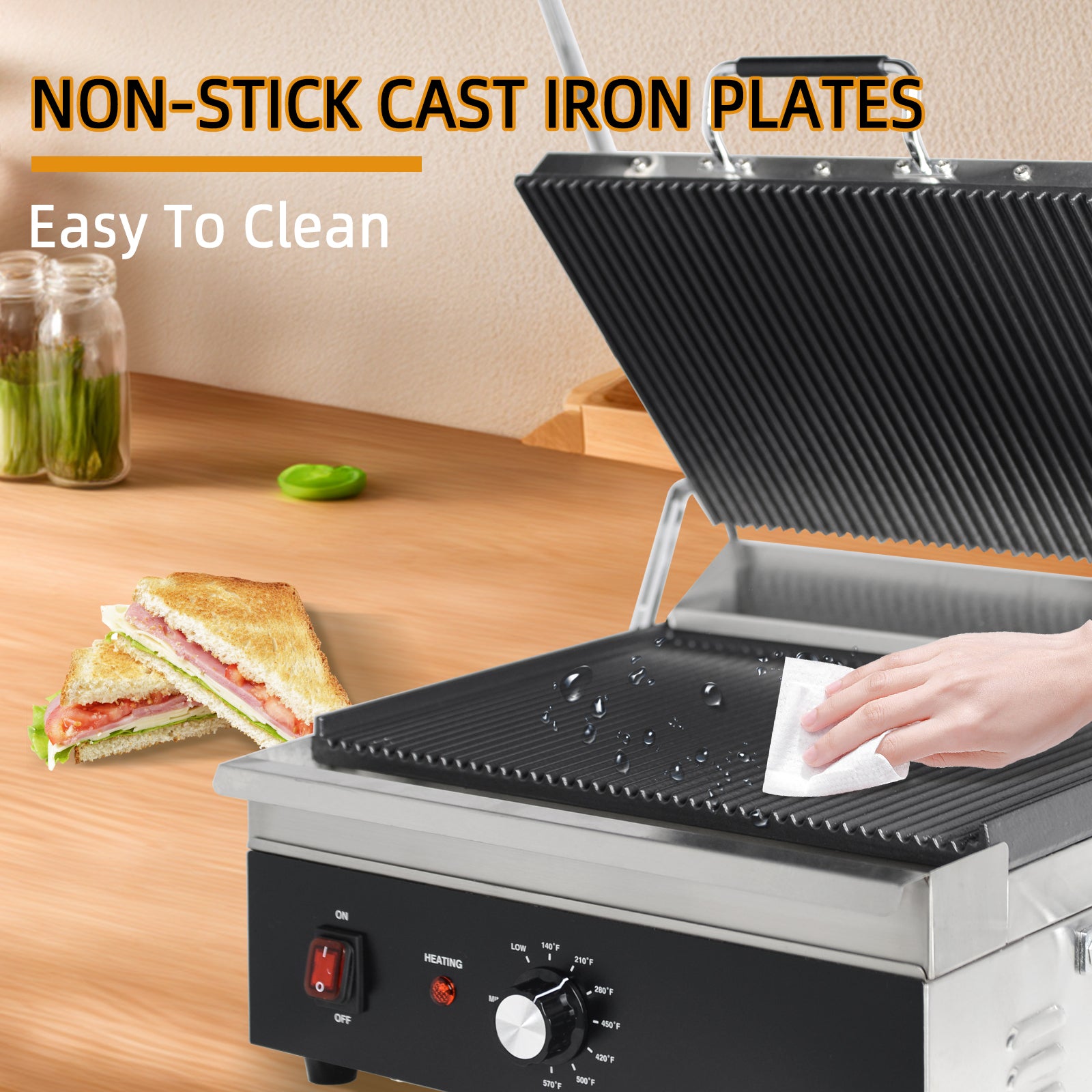 EasyRose 15" Wide Ribbed Cast Iron Panini Grill Plate, 1800W Power, EGO Thermostat, 0-300°C Temperature Range - Image 5