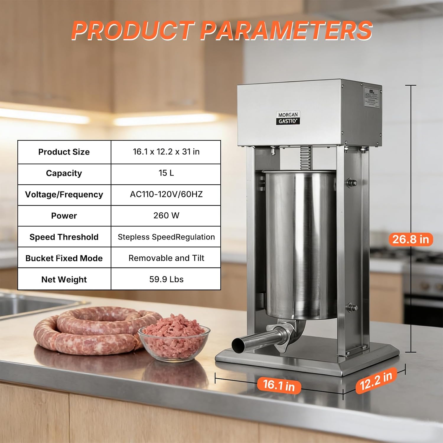 Morgangastro 15L/30lb Electric Sausage Stuffer with Foot Pedal, 260W 304 Stainless Steel Meat Filler and 5 Tubes - Image 2