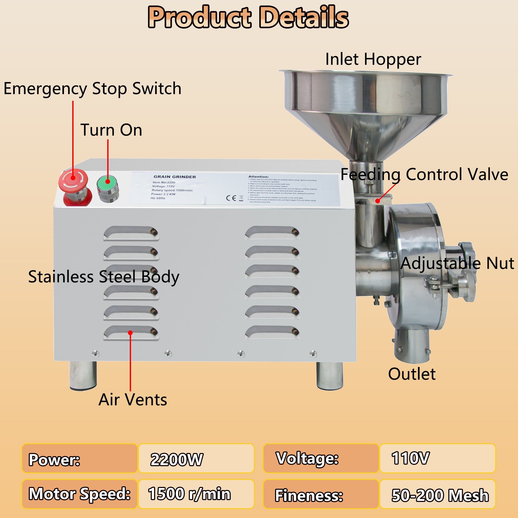 MorganGastro Electric Grain Grinder 2200W Mill Grinding Pulverizer Machine 30-50kg/h - Image 3