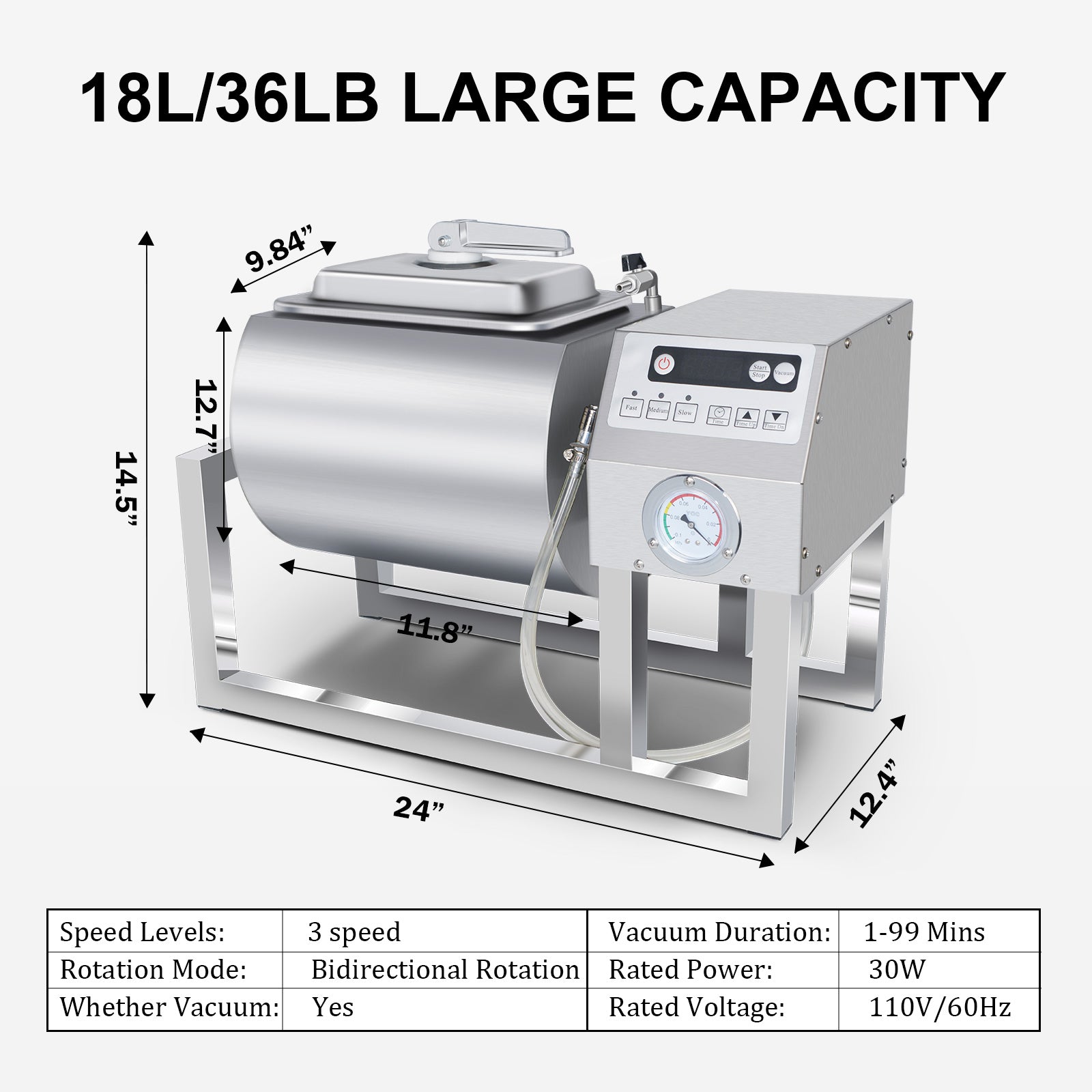 EasyRose 18L/36lb Commercial Vacuum Meat Tumbler Marinator, 3-Speed Stainless Steel Marinating Machine - Image 2