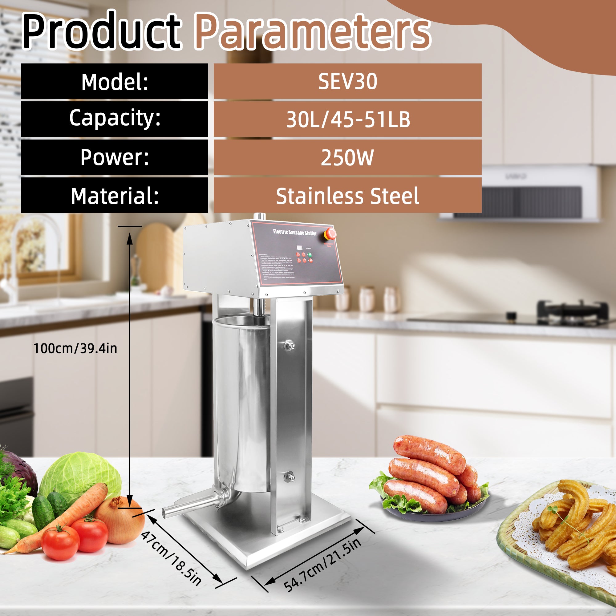 MorganGastro 30L/66lb Electric Sausage Stuffer Machine, Stainless Steel Sausage Filling Machine with 4 Stuffing Tubes - Image 2