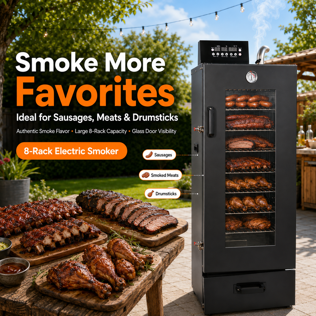 MorganGastro 8 Racks Commercial Electric Smoker with Visible Door, Vertical Black Smoke Oven for Sausage, Jerky & BBQ - Image 5