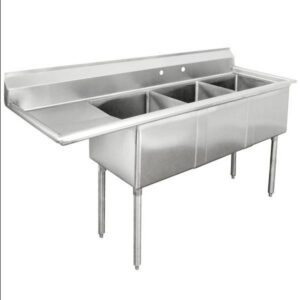 MorganGastro 16 Gauge Stainless Steel Three Compartment Commercial Sink with Left Drainboard - 18" x 18" x 11" Bowls