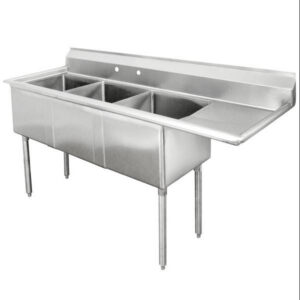 MorganGastro 16 Gauge Stainless Steel Three Compartment Commercial Sink with Right Drainboard - 18" x 18" x 11" Bowls