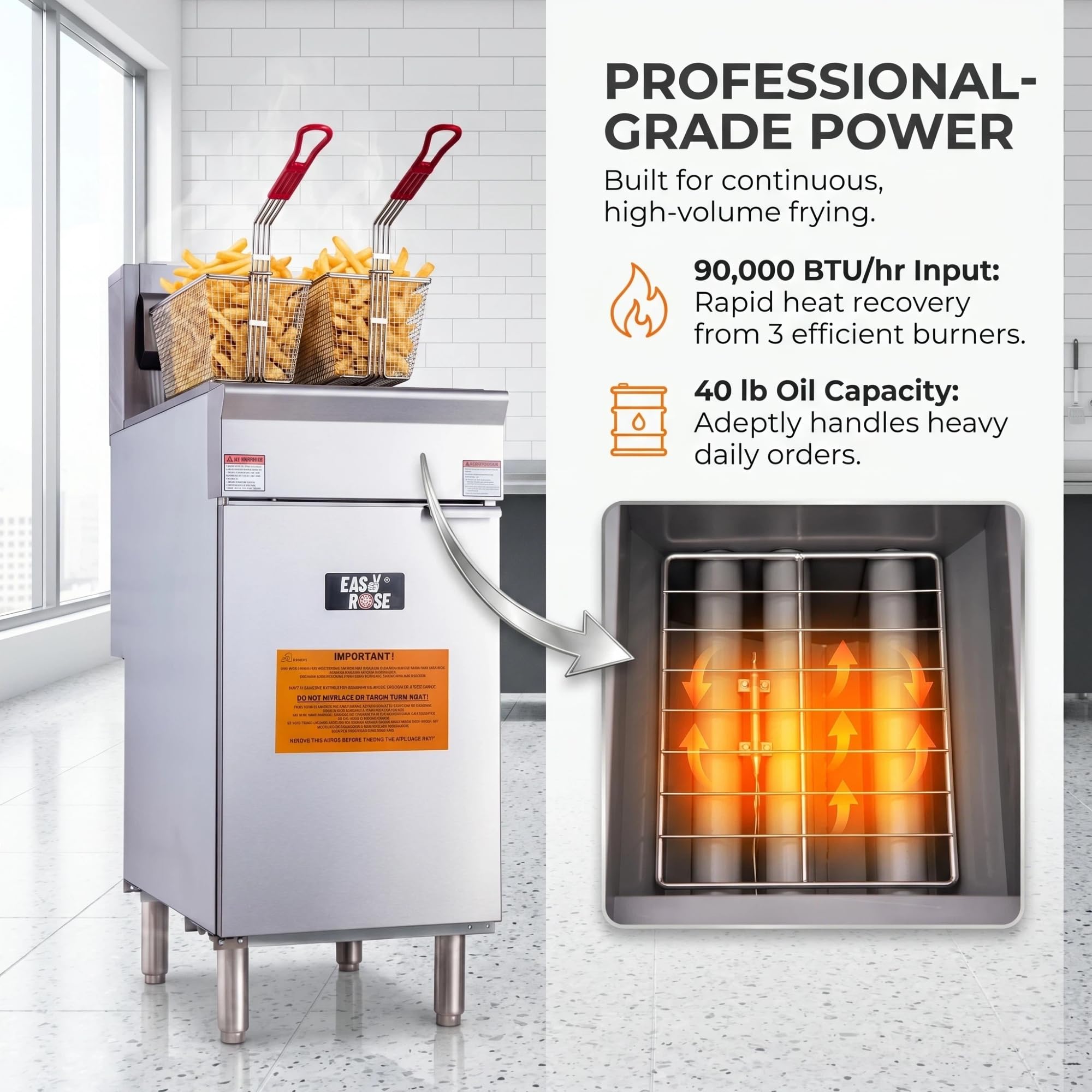 EasyRose 40 lb Commercial LPG Deep Fryer, 3-Burner 90,000 BTU Floor Fryer with 2 Baskets, ETL Listed - Image 3