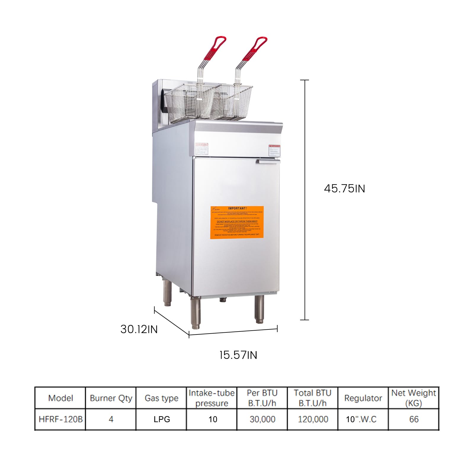 EasyRose 50 Lb Commercial LPG Deep Fryer, 4 Burners, 120,000 BTU Floor Fryer With 2 Baskets, ETL Listed - Image 2