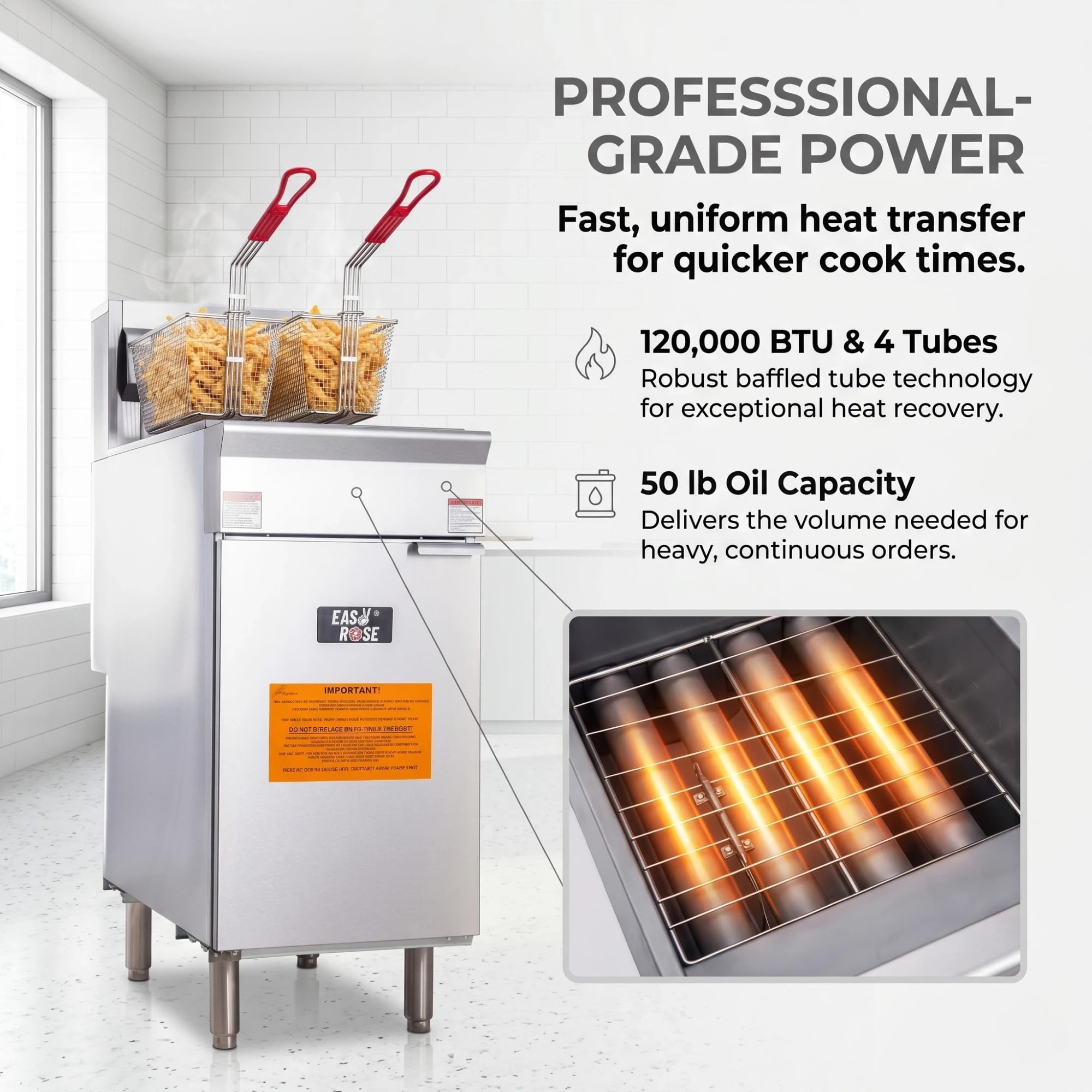 EasyRose 50 Lb Commercial LPG Deep Fryer, 4 Burners, 120,000 BTU Floor Fryer With 2 Baskets, ETL Listed - Image 3
