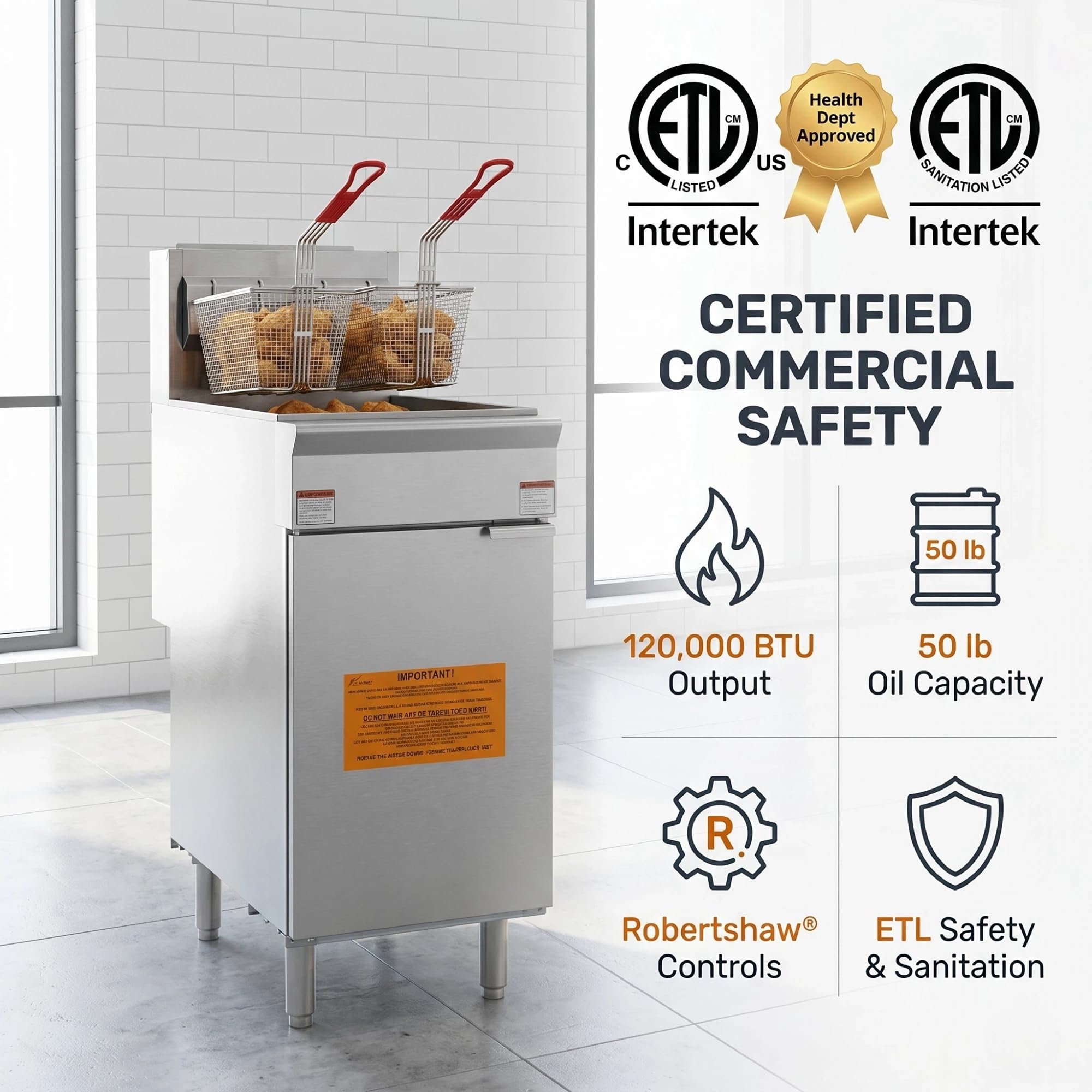 EasyRose 50 Lb Commercial LPG Deep Fryer, 4 Burners, 120,000 BTU Floor Fryer With 2 Baskets, ETL Listed - Image 7