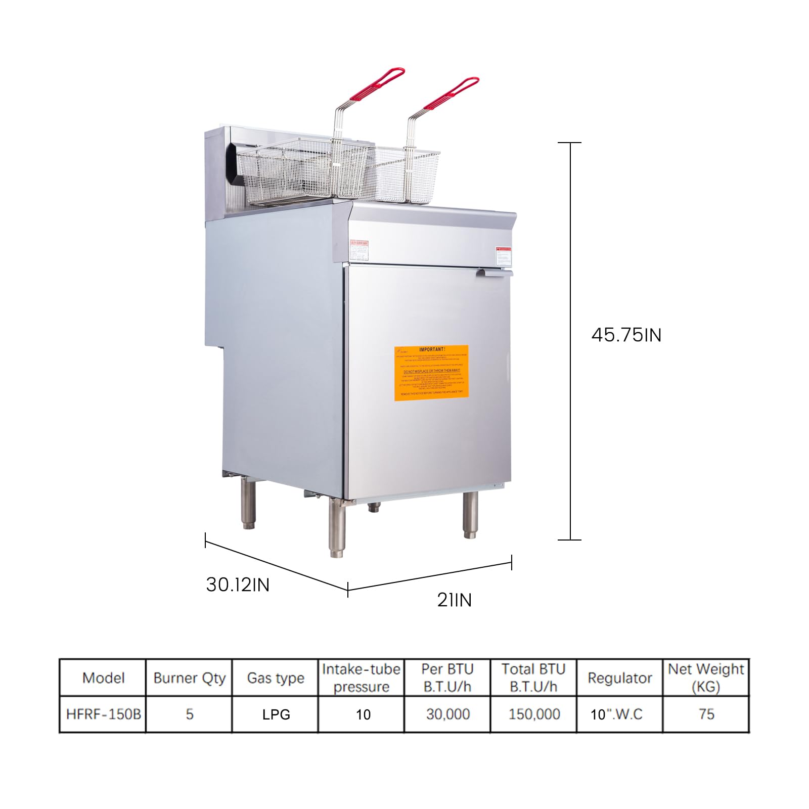 EasyRose 75 Lb Commercial LPG Deep Fryer, 5 Burners, 150,000 BTU Floor Fryer With 2 Baskets, ETL Listed - Image 2