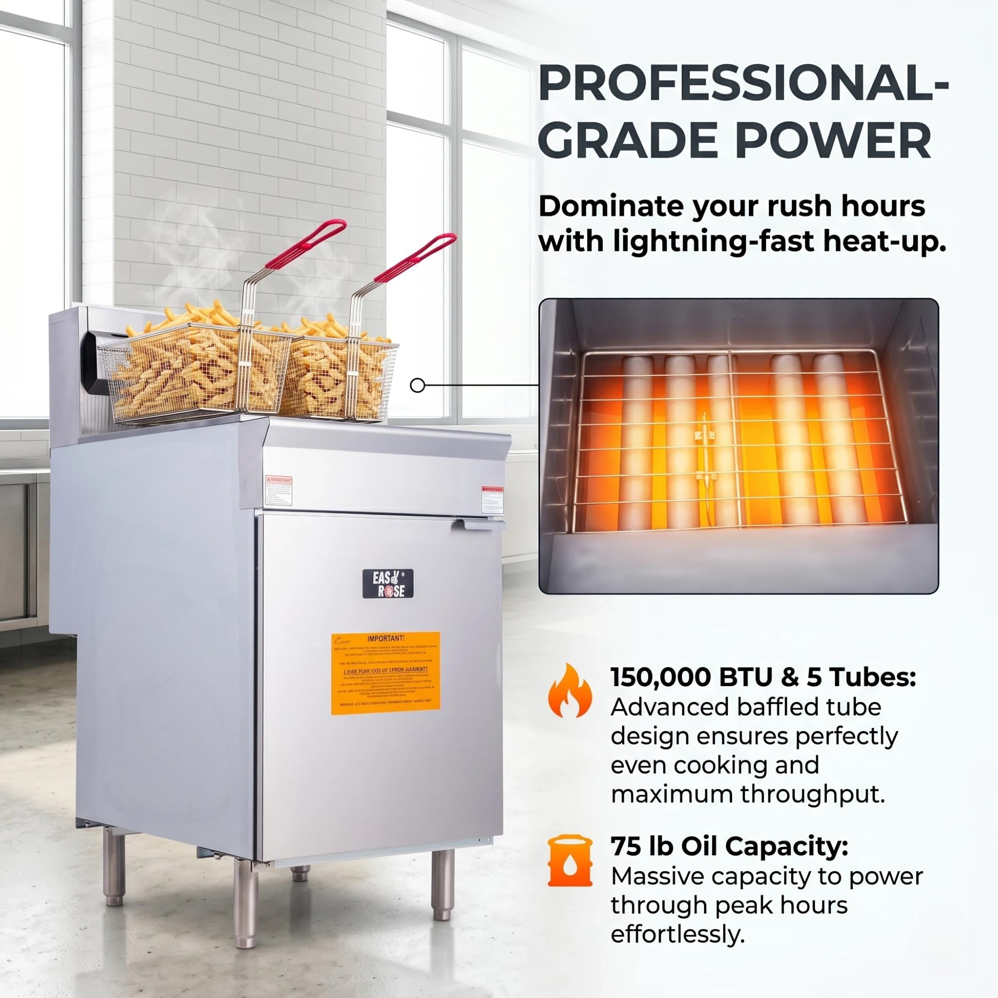 EasyRose 75 Lb Commercial LPG Deep Fryer, 5 Burners, 150,000 BTU Floor Fryer With 2 Baskets, ETL Listed - Image 3