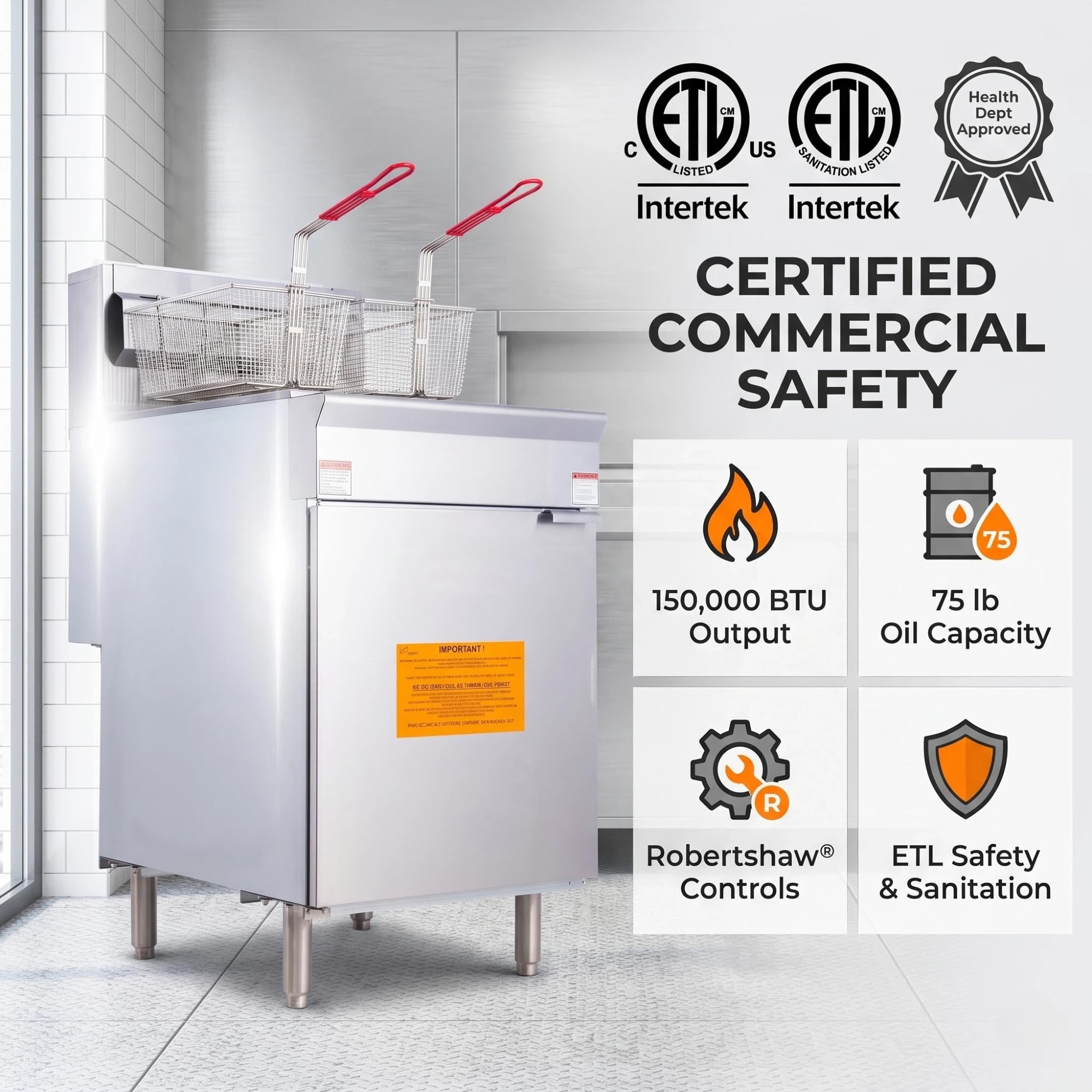EasyRose 75 Lb Commercial LPG Deep Fryer, 5 Burners, 150,000 BTU Floor Fryer With 2 Baskets, ETL Listed - Image 7