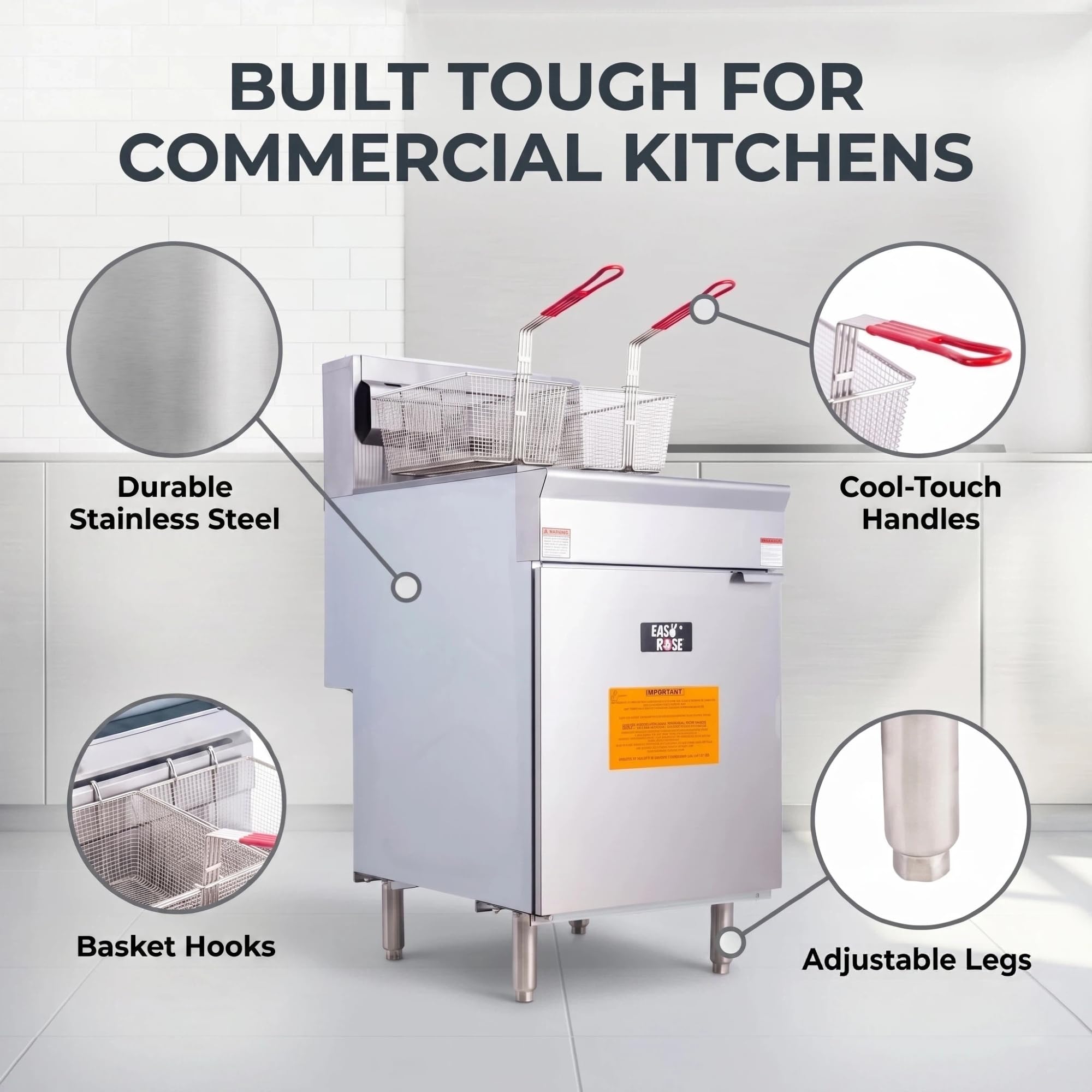 EasyRose 75 Lb Commercial Natural Gas Deep Fryer, 5 Burners, 150,000 BTU Floor Fryer With 2 Baskets, ETL Certified - Image 6