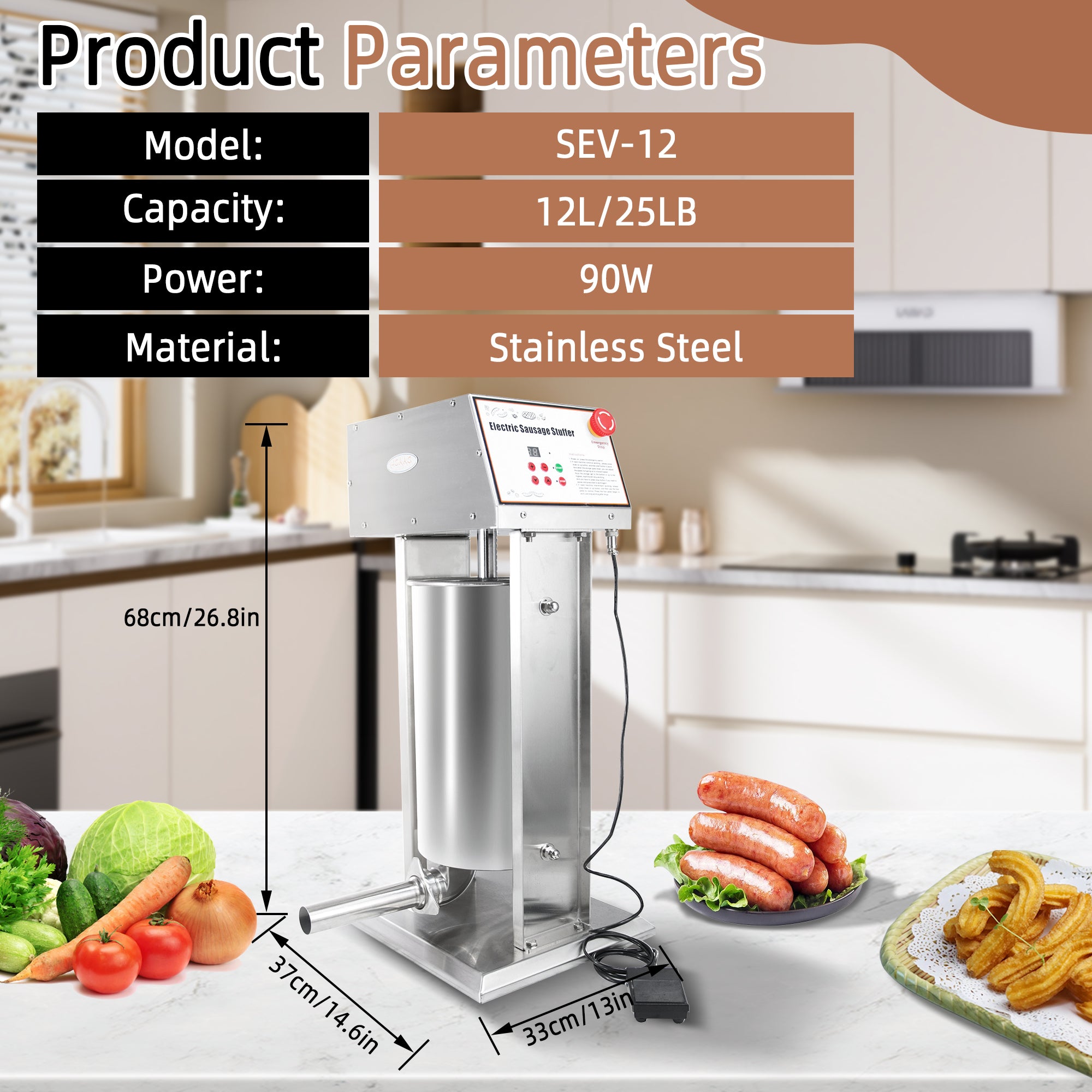MorganGastro 12L/25 lb Electric Sausage Stuffer, Stainless Steel Vertical Sausage Maker with Foot Pedal and 5 Stuffing Tubes - Image 3