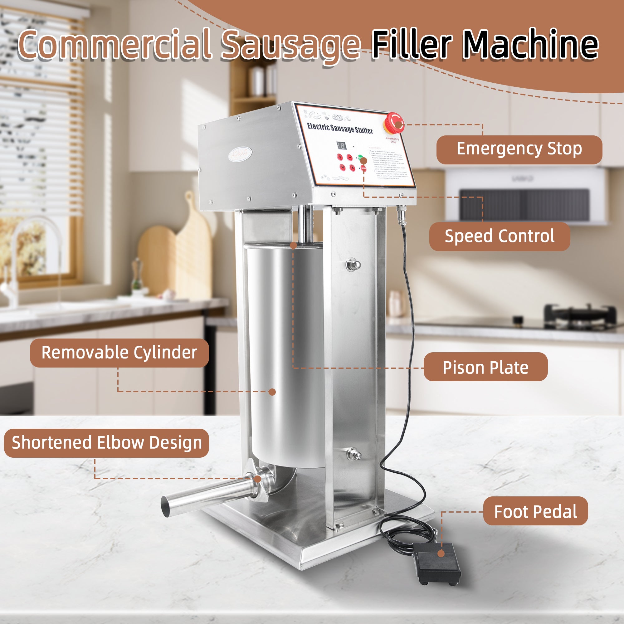 MorganGastro 12L/25 lb Electric Sausage Stuffer, Stainless Steel Vertical Sausage Maker with Foot Pedal and 5 Stuffing Tubes - Image 5