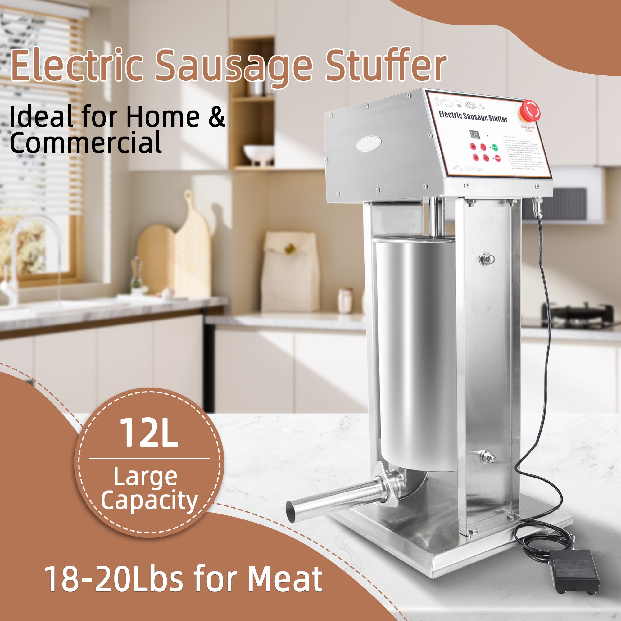 MorganGastro 12L/25 lb Electric Sausage Stuffer, Stainless Steel Vertical Sausage Maker with Foot Pedal and 5 Stuffing Tubes - Image 2