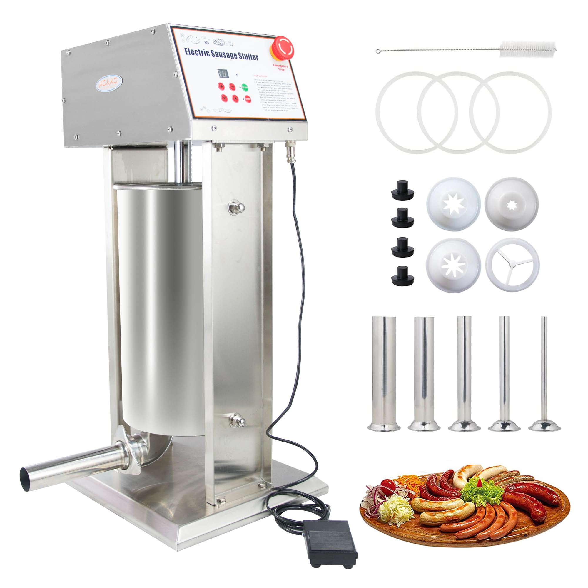 MorganGastro 12L/25 lb Electric Sausage Stuffer, Stainless Steel Vertical Sausage Maker with Foot Pedal and 5 Stuffing Tubes