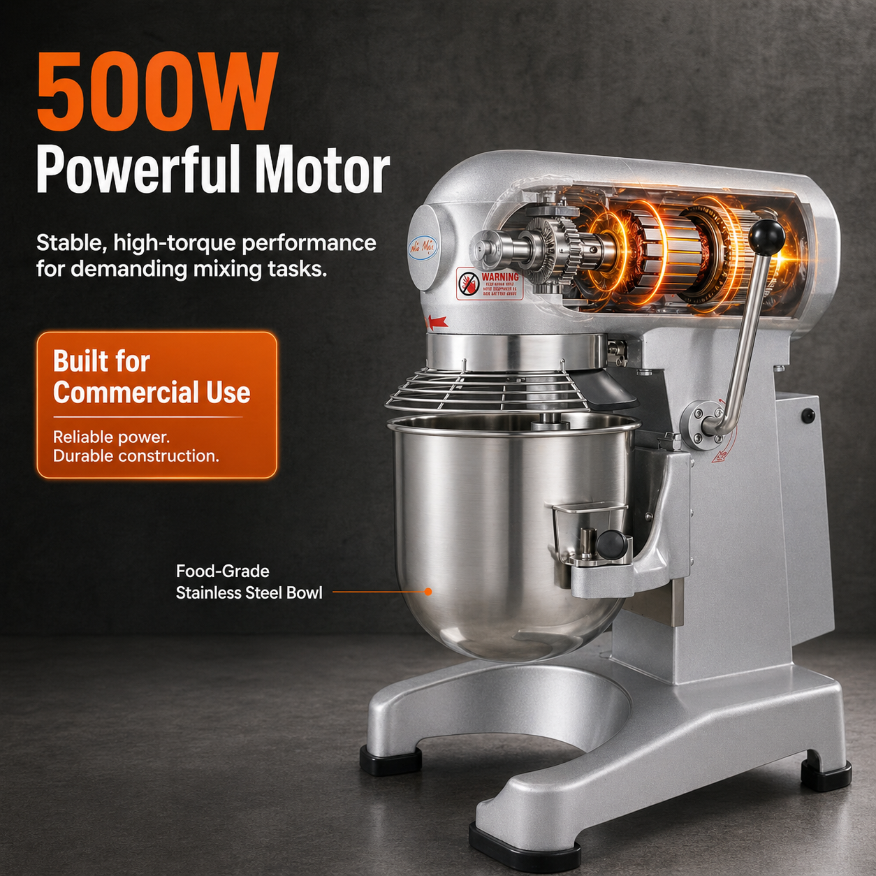 MorganGastro 10Qt Commercial Planetary Mixer, 500W 3-Speed Food Mixer with Timer, Includes Dough Hook, Flat Beater & Whisk,ETL Certified - Image 4