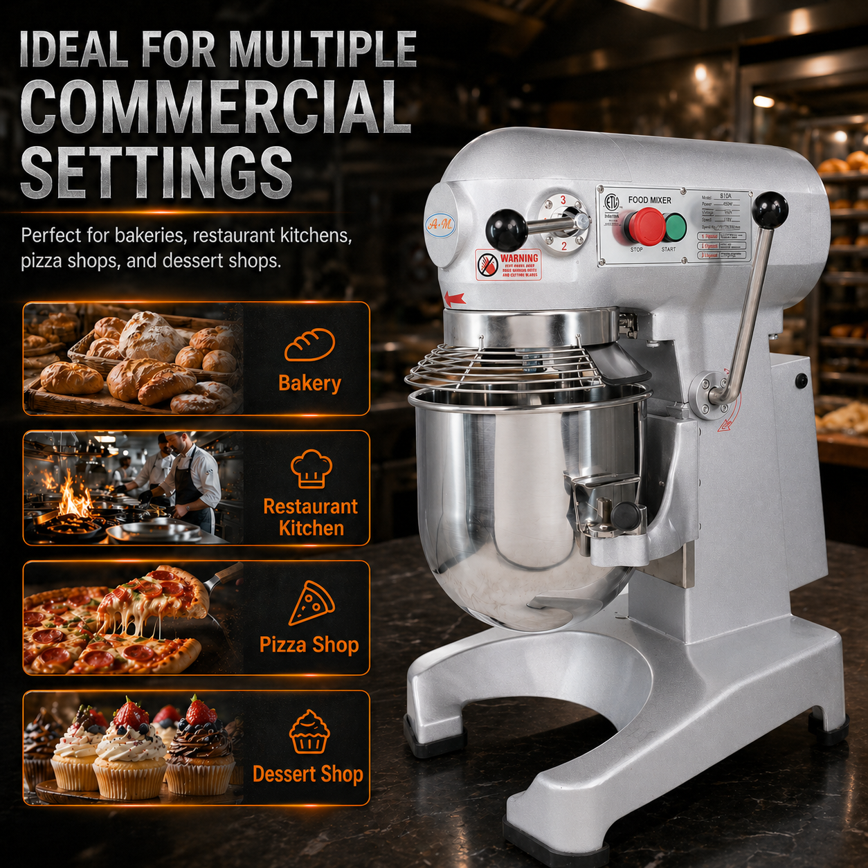 MorganGastro 10Qt Commercial Planetary Mixer, 500W 3-Speed Food Mixer with Timer, Includes Dough Hook, Flat Beater & Whisk,ETL Certified - Image 7