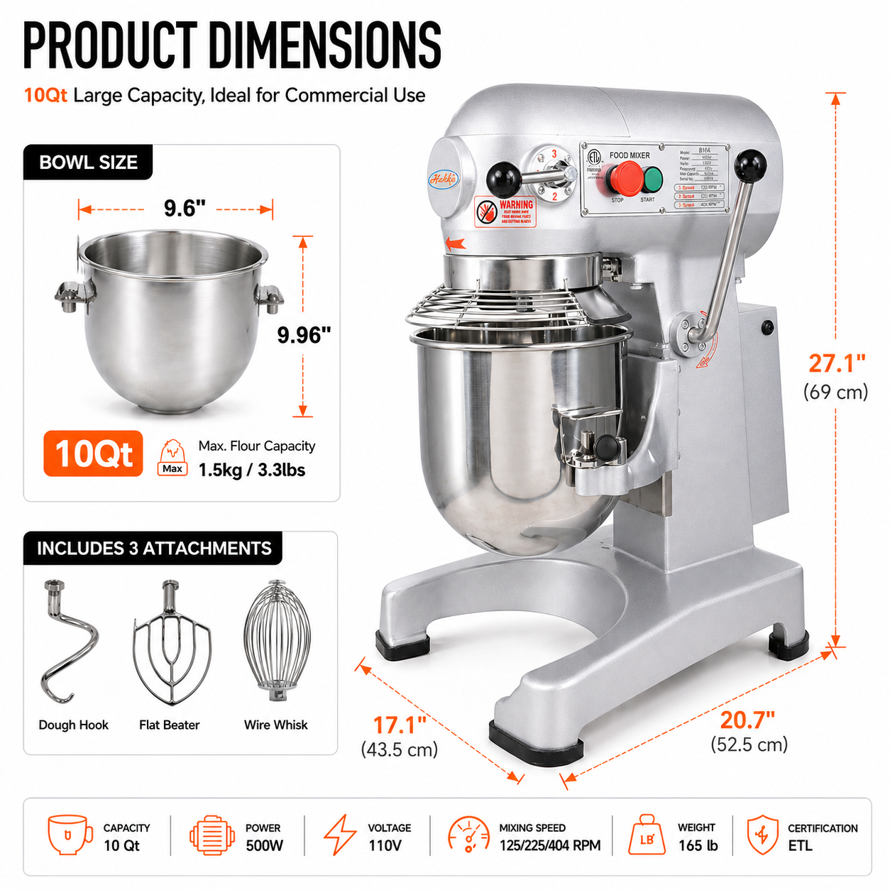 MorganGastro 10Qt Commercial Planetary Mixer, 500W 3-Speed Food Mixer with Timer, Includes Dough Hook, Flat Beater & Whisk,ETL Certified - Image 2