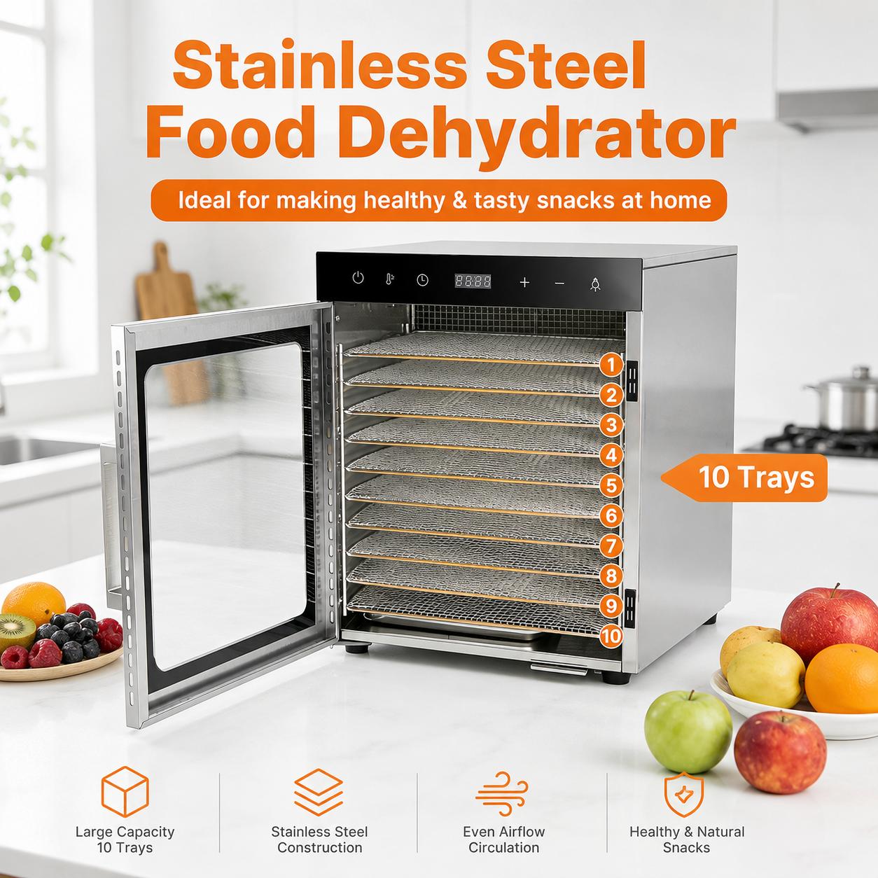 MorganGastro 10-Tray 800W Food Dehydrator, 8.9 sq. ft. Drying Space, 86–194°F Temp, 24H Timer & Glass Door - Image 4