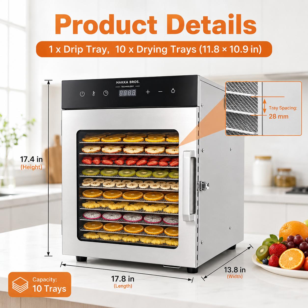 MorganGastro 10-Tray 800W Food Dehydrator, 8.9 sq. ft. Drying Space, 86–194°F Temp, 24H Timer & Glass Door - Image 2