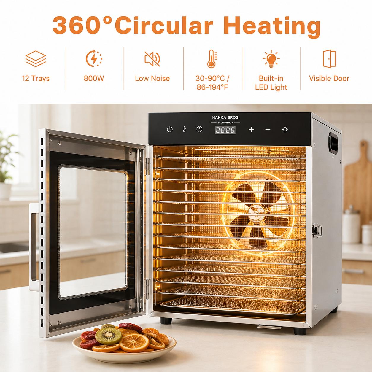MorganGastro 12-Tray 800W Food Dehydrator, 10.7 sq. ft. Drying Space, 86–194°F Temp, 24H Timer & Glass Door - Image 3