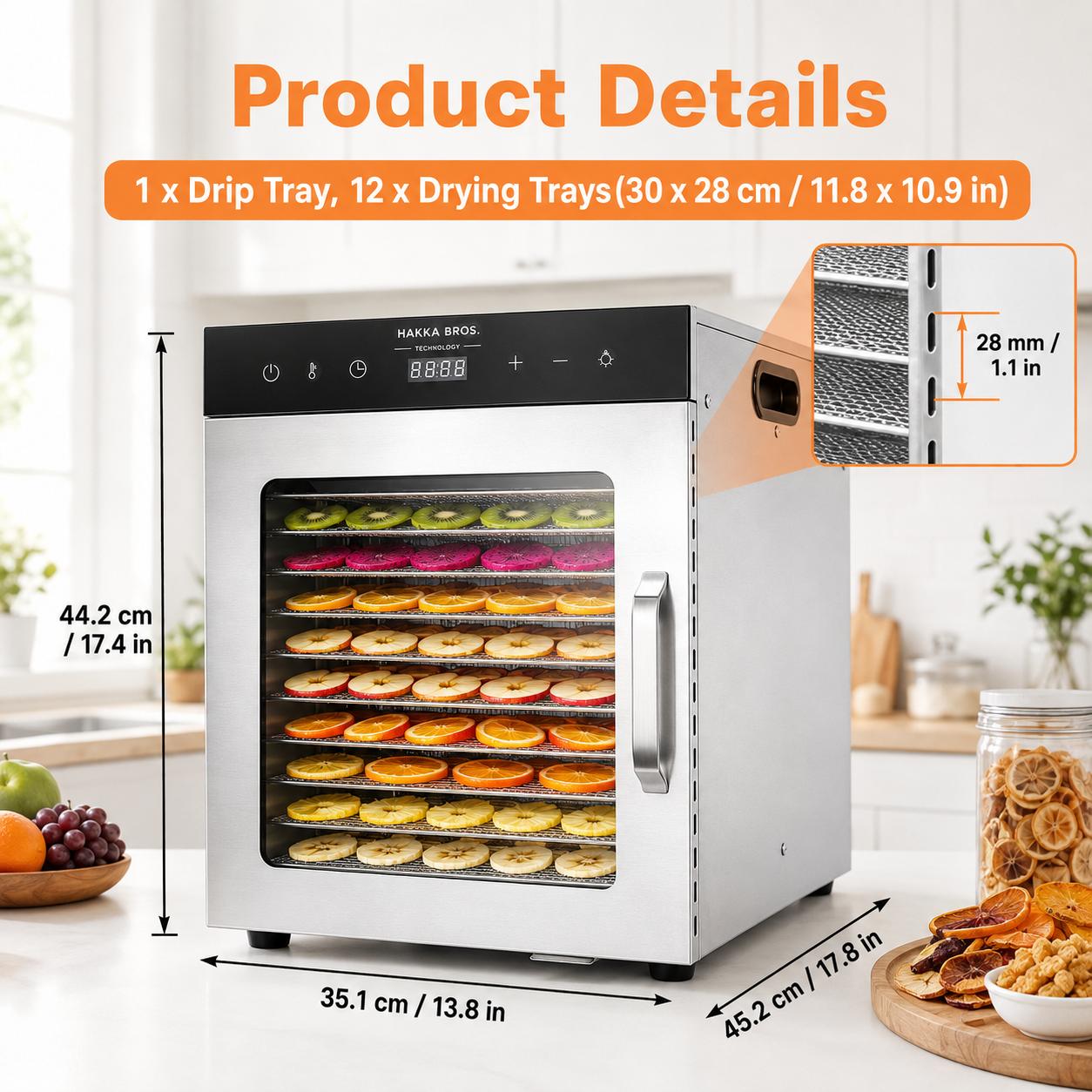 MorganGastro 12-Tray 800W Food Dehydrator, 10.7 sq. ft. Drying Space, 86–194°F Temp, 24H Timer & Glass Door - Image 2